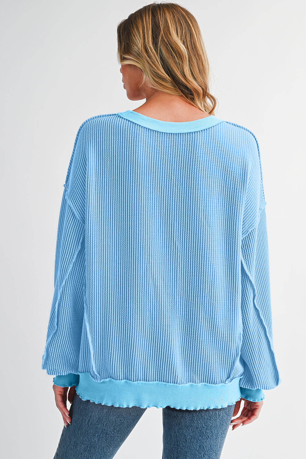 Bright Green Twisted Ribbed Seamed Patchwork Long Sleeve Top