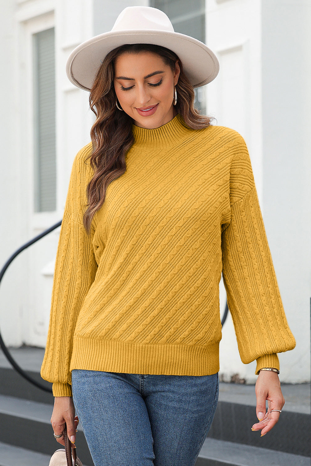 Ginger Solid Color Textured Knit High Neck Drop Shoulder Sweater