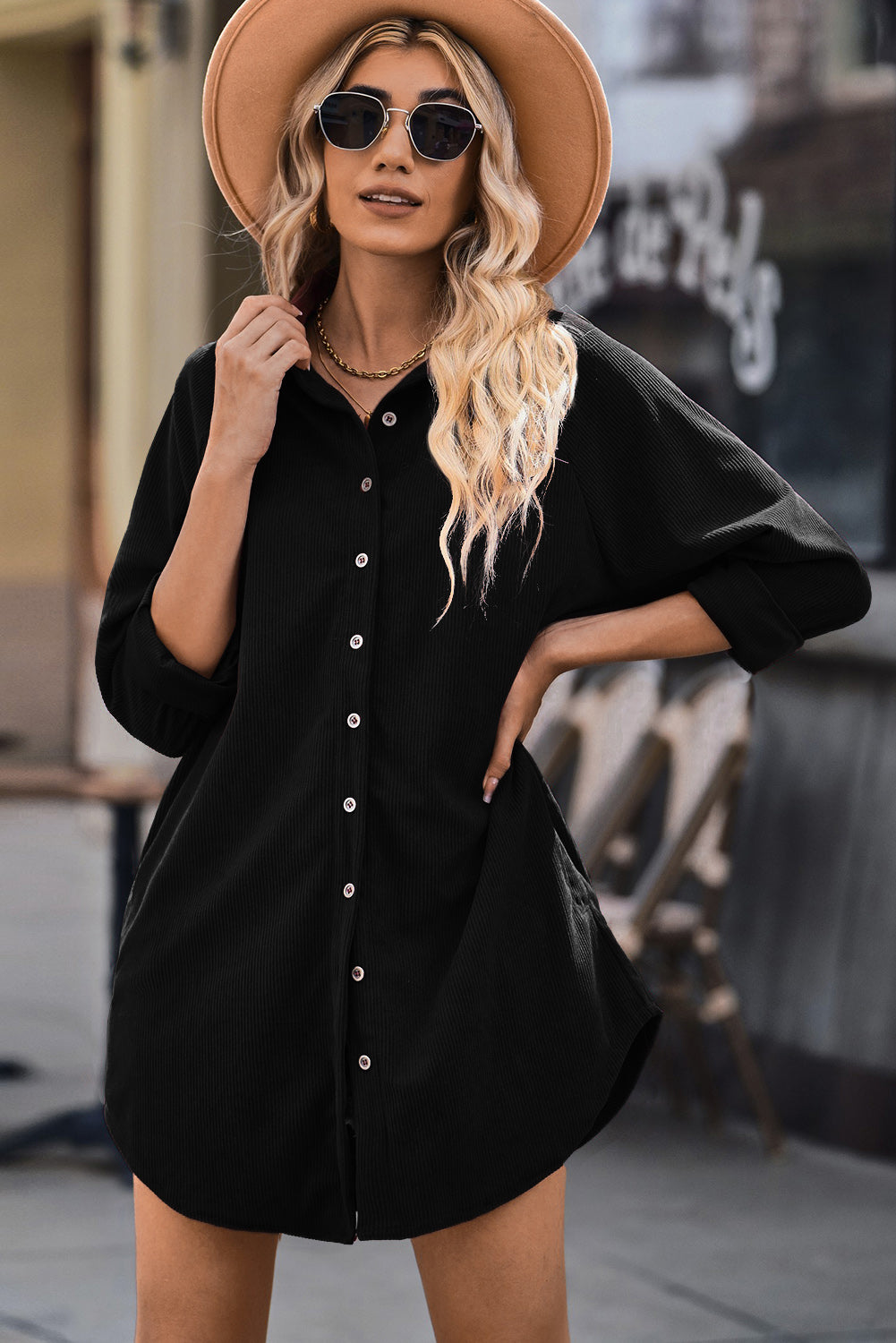 Black Corduroy Shirt Style Full Button Long Sleeve Shift Mini Dress
