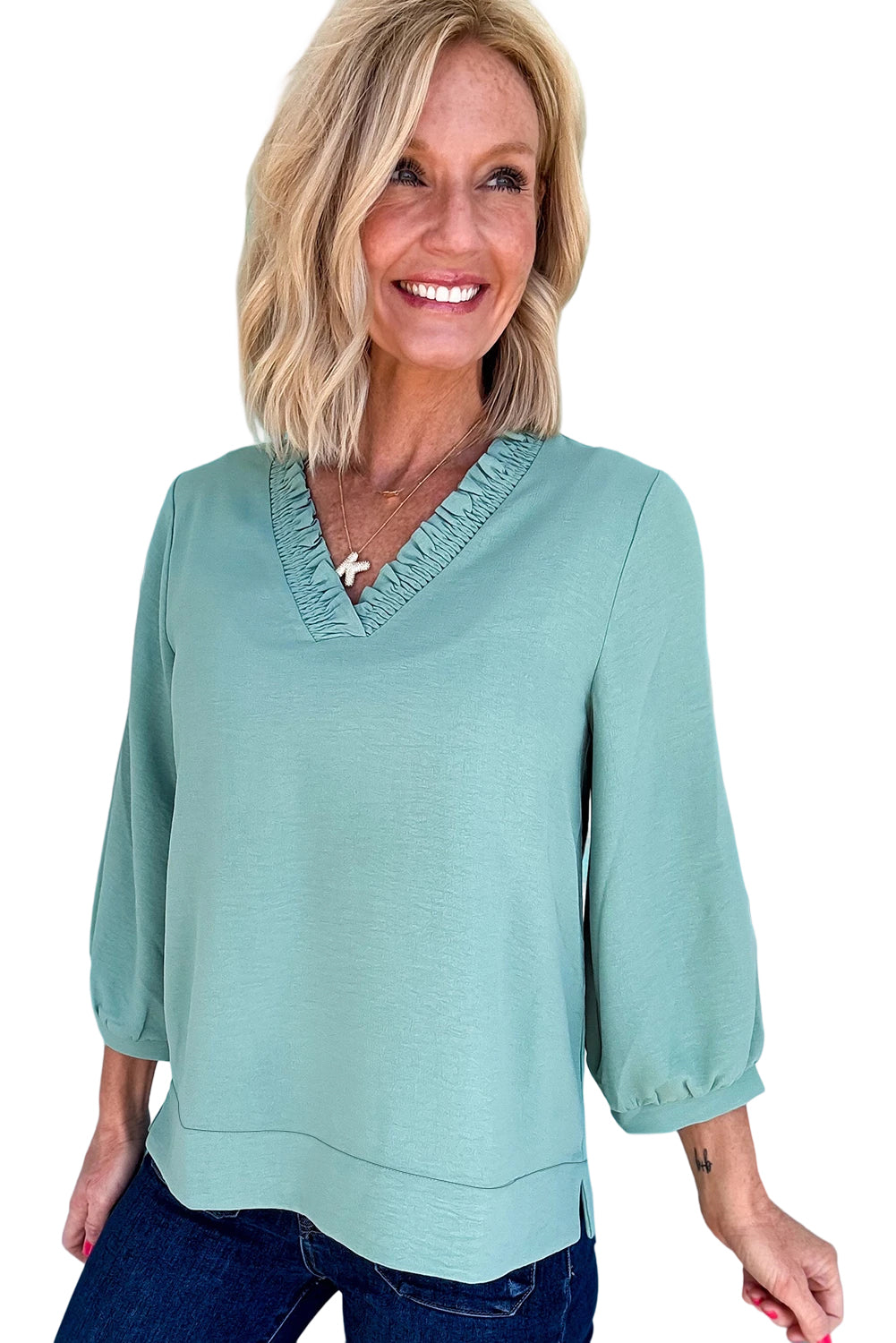 Bright Pink Frill V Neckline Puff Sleeve Crinkled Blouse