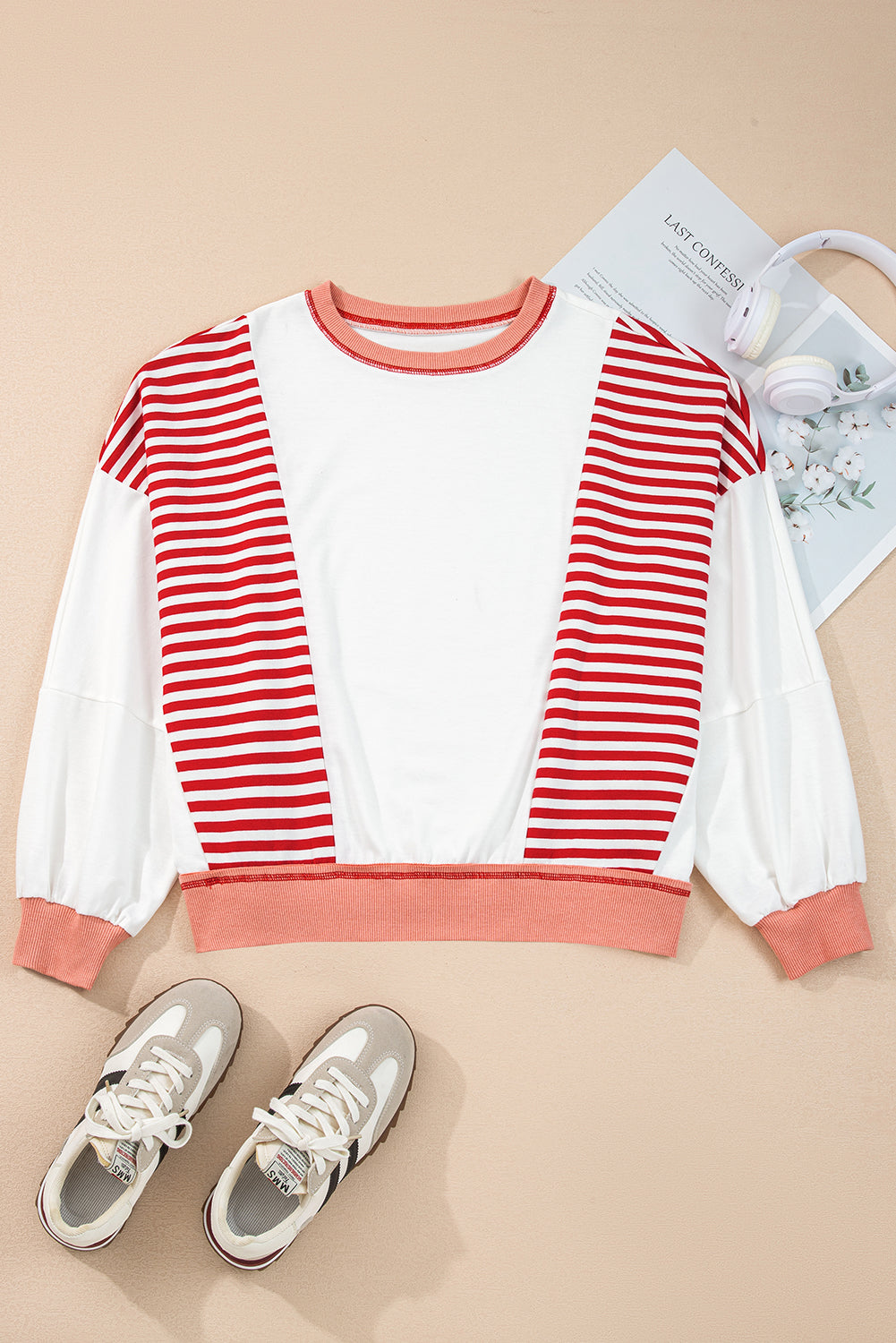 Red Striped Colorblock Patchwork Oversized Sweatshirt