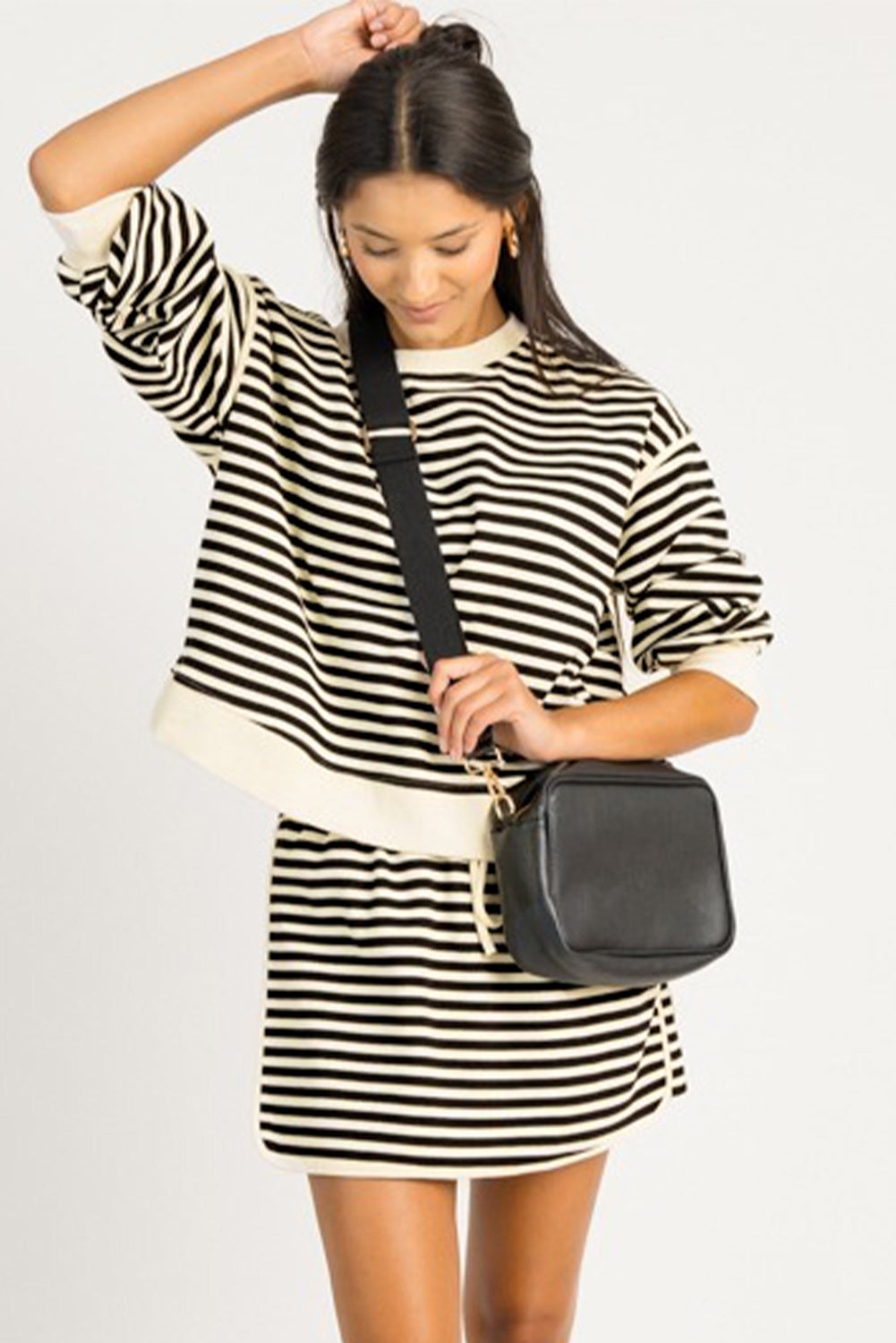 Black Stripe Textured Drop Shoulder Pullover Top Drawstring Mini Skirt Two Piece Dress Set