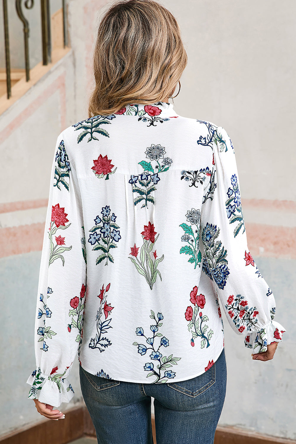 White Floral Print V Neck Loose Drop Sleeve Shirt