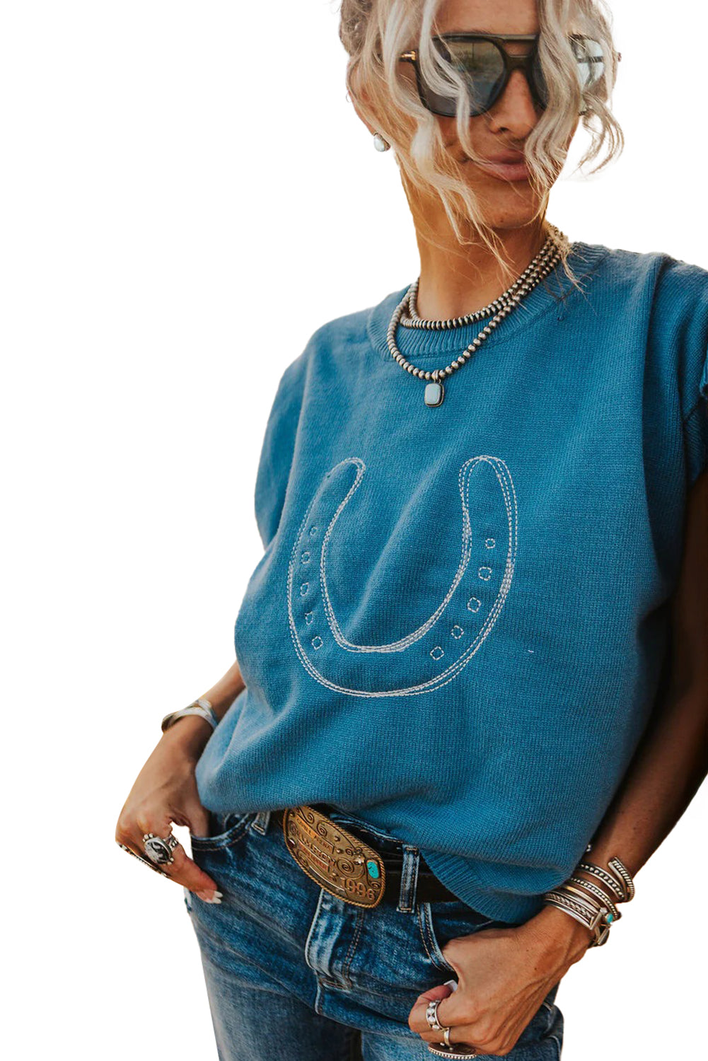 Light Blue Horseshoe Embroidered Loose Short Sleeve Sweater