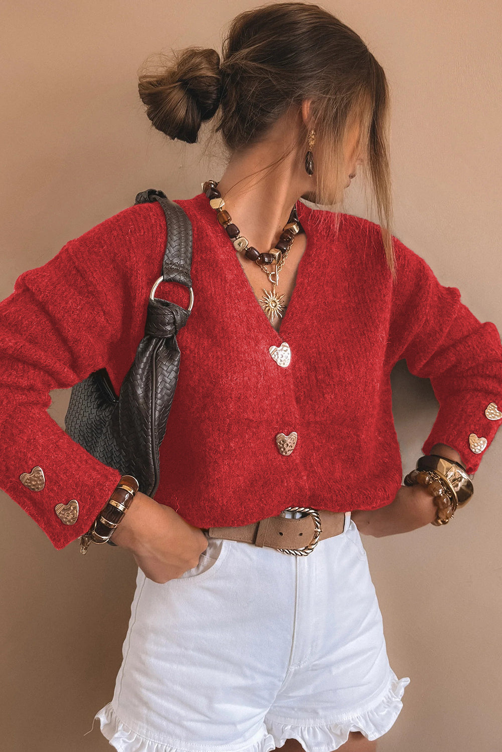 Fiery Red Heart Metal Button V Neck Cardigan Sweater