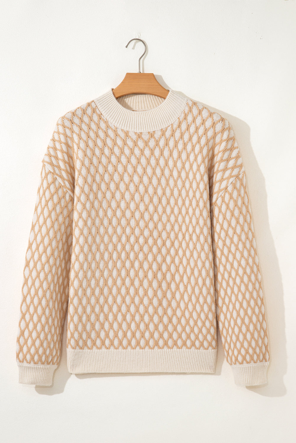 Smoke Gray Checkered Textured Knit Mock Neck Sweater