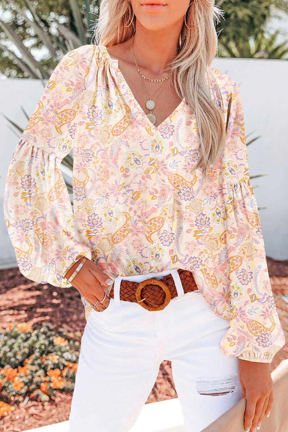 Golden Apricot Boho Floral Print V Neck Long Sleeve Blouse