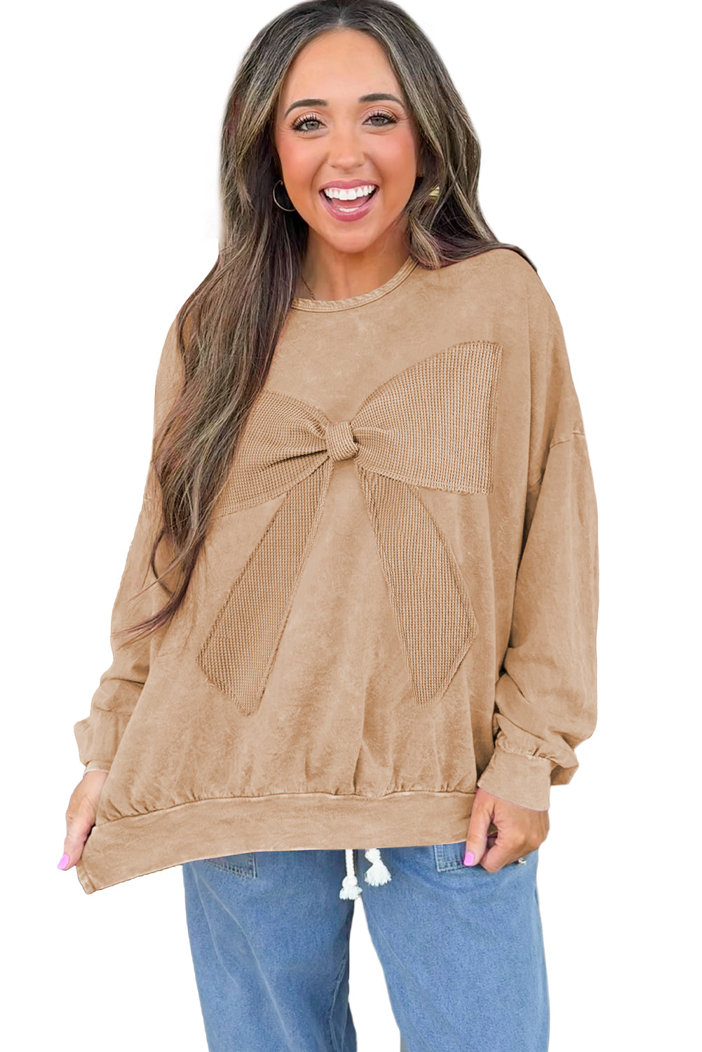 Sweat-shirt à empiècements et nœud gaufré beige clair délavé minéral