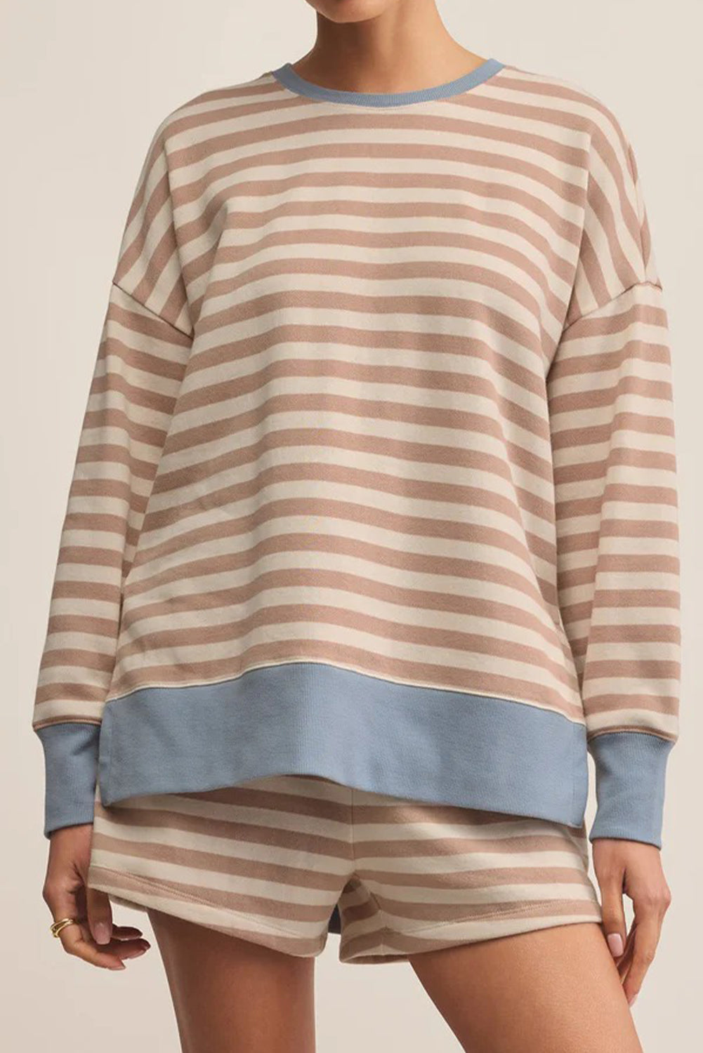 Khaki Stripe Colorblock Patchwork Oversized Pullover Drawstring Shorts 2pcs Set