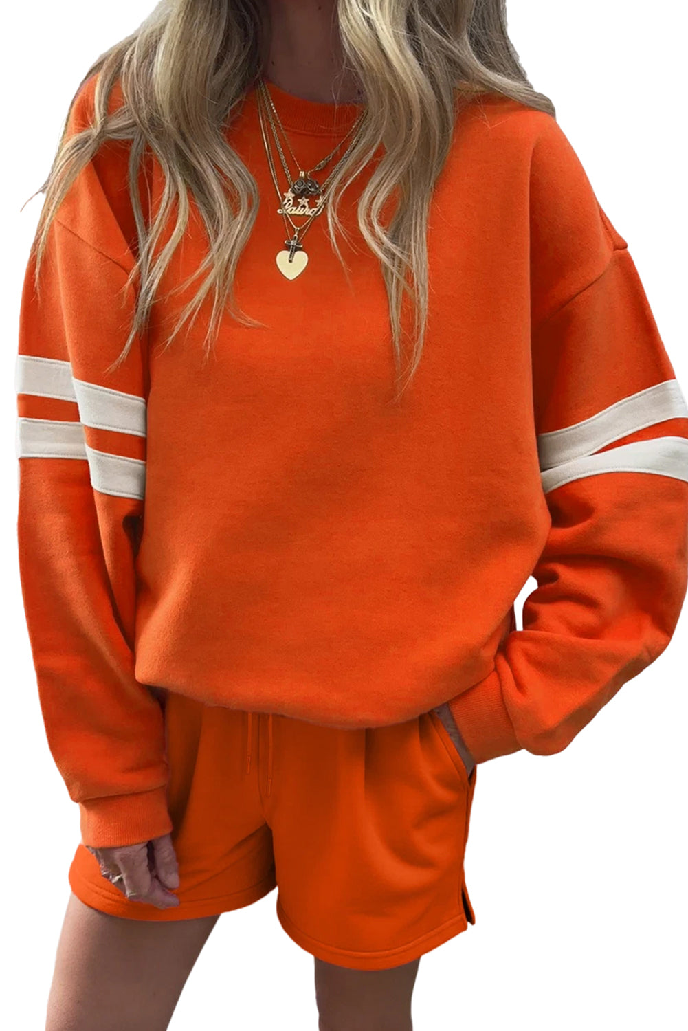 Orange Varsity Striped Sleeve Drop Shoulder Sweatshirt and Shorts Set