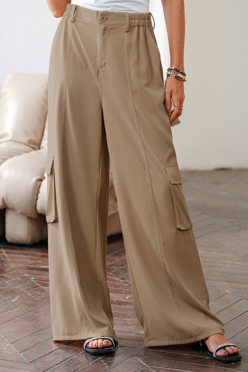 Pantalones cargo holgados de cintura alta elásticos color camel liso