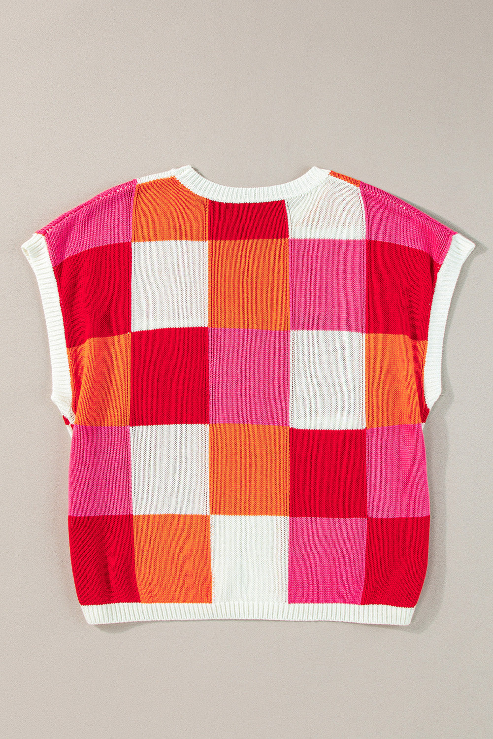 Fiery Red Checkered Color Block Cap Sleeve Knitted Top