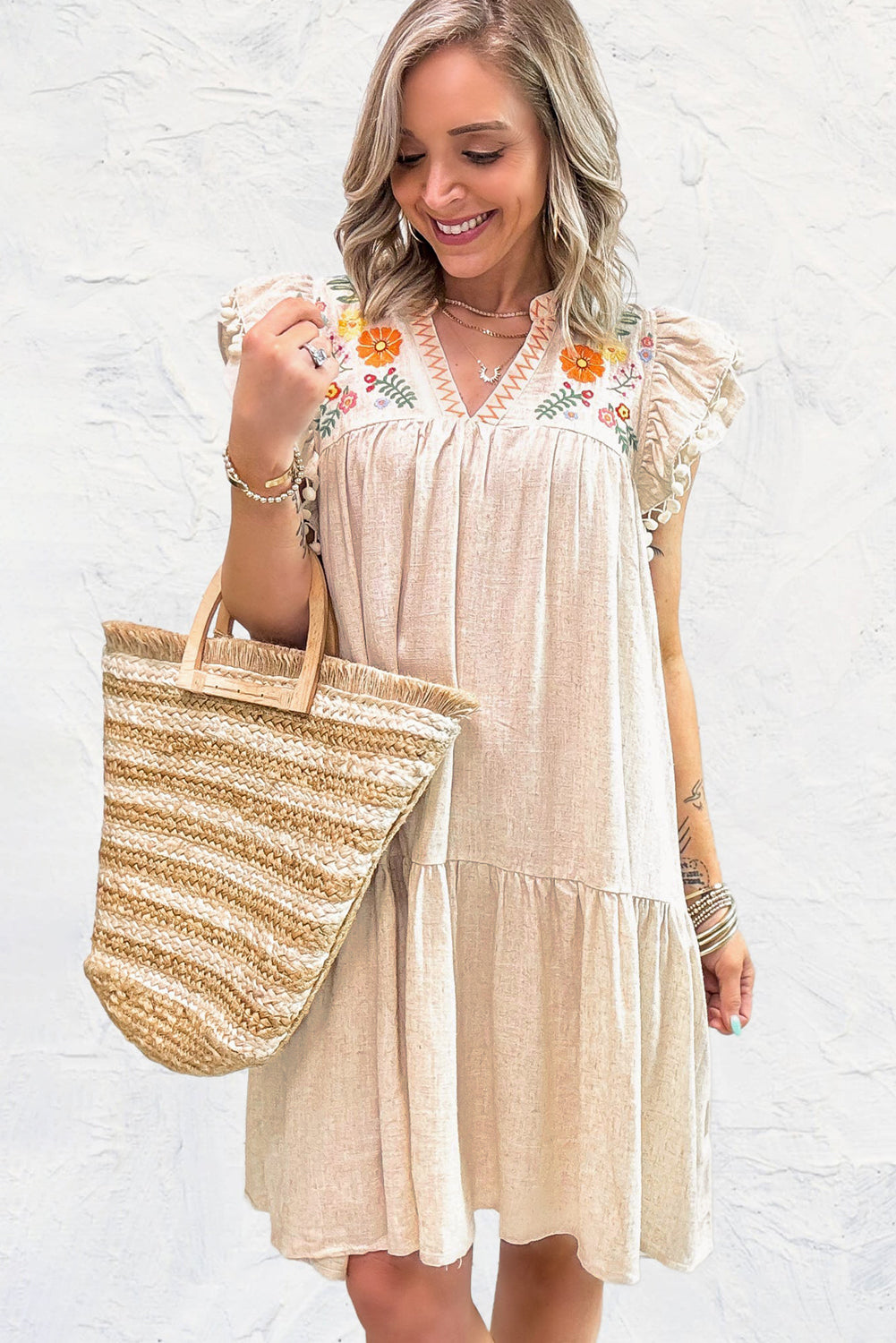 Jet Stream Linen Embroidery Split Neck Pom Pom Ruffle Sleeve Short Dress