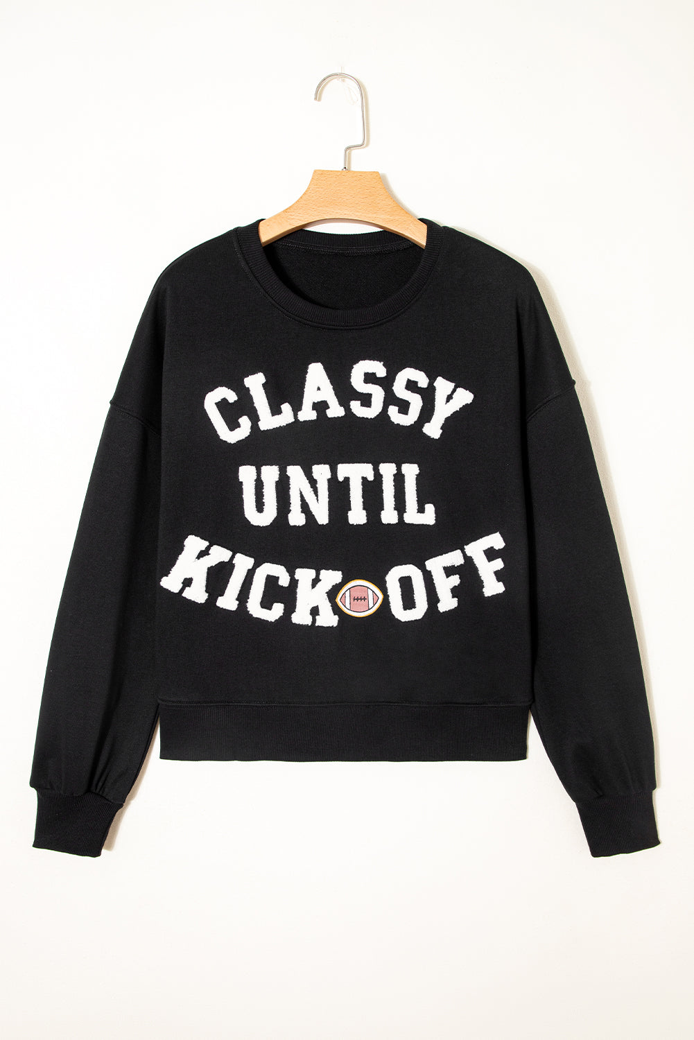 Black CLASSY UNTIL KICKOFF Plush Letter Patched Loose Sweatshirt