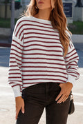 Fiery Red Striped Knit Split Hem Baggy Sweater