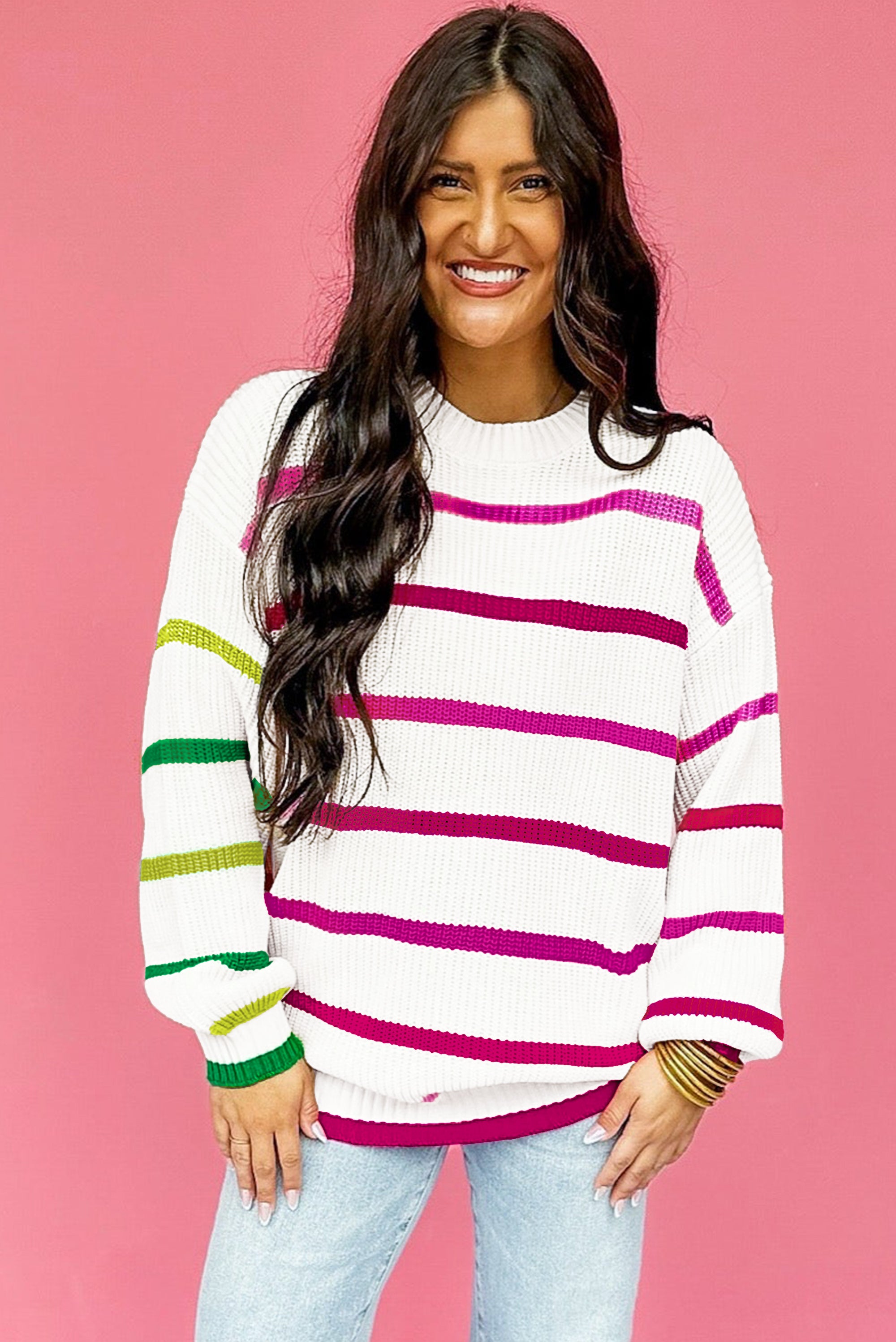 White Colorful Striped Drop Shoulder Crew Neck Sweater