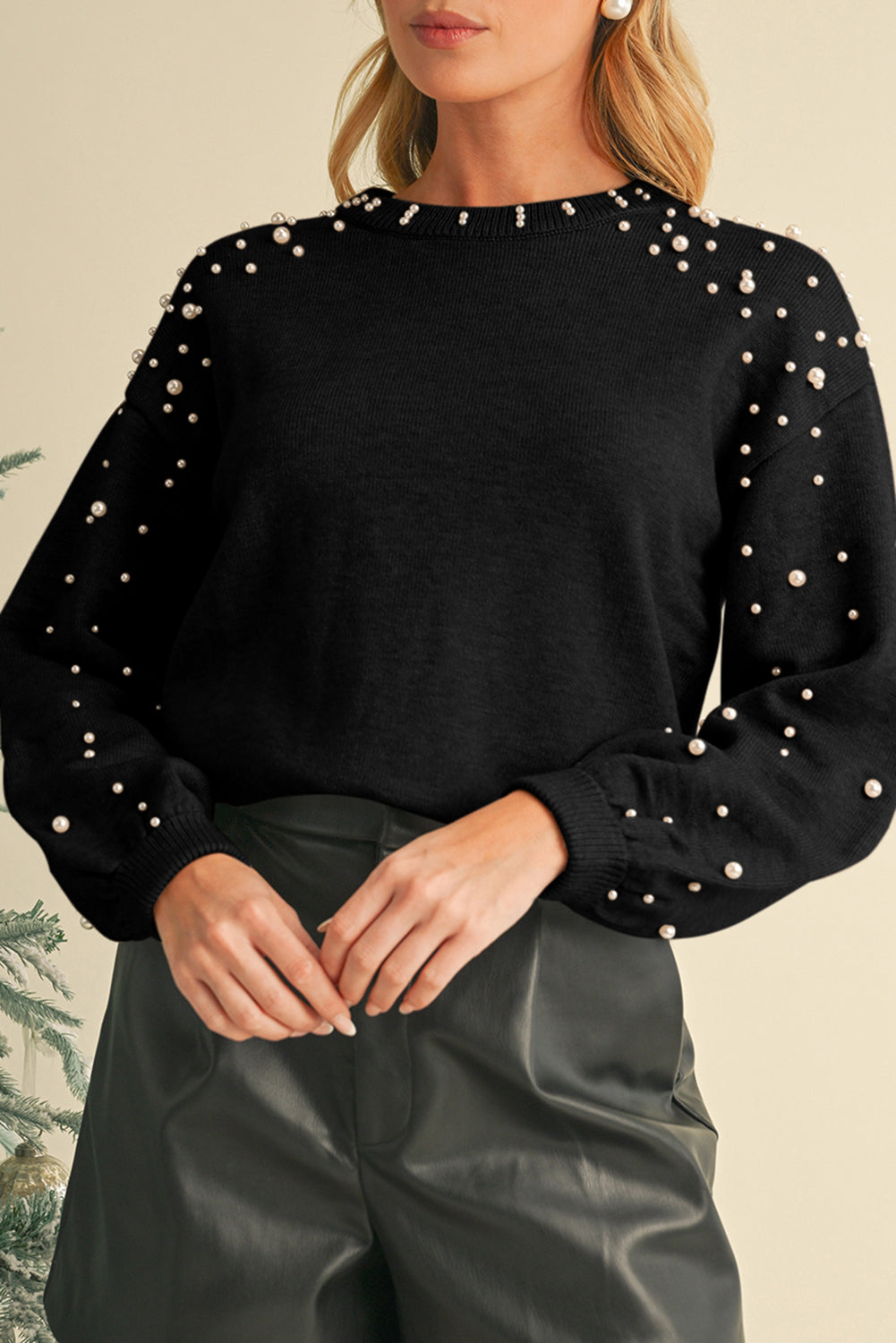 Black Pearl Drop Shoulder Round Neck Sweater