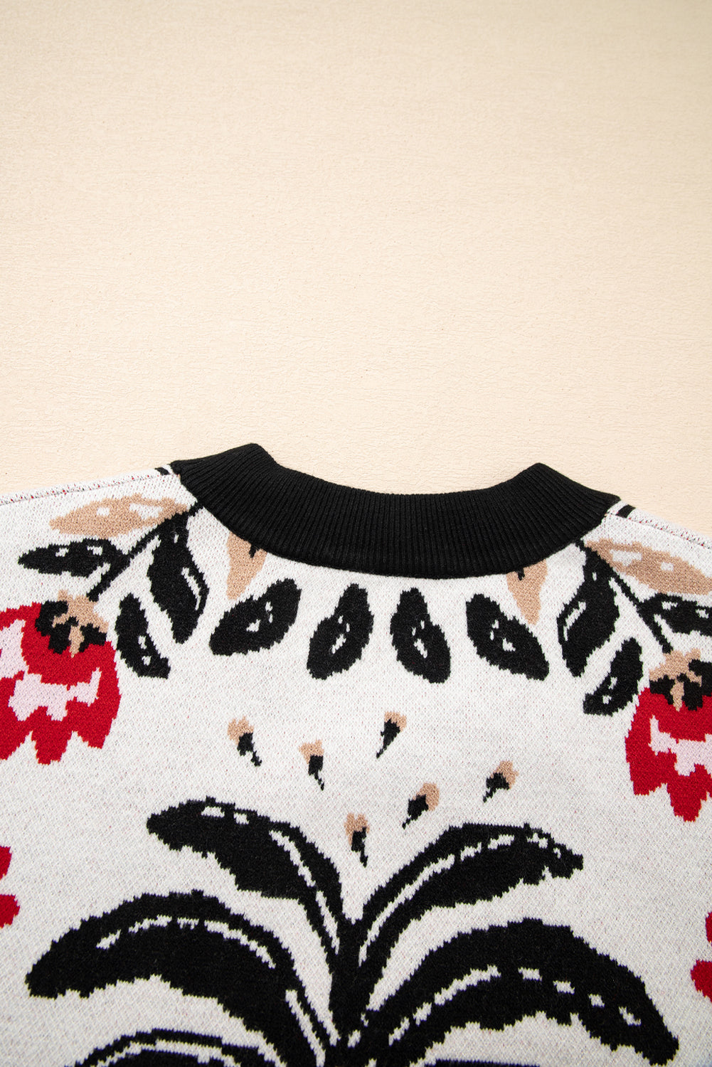 Beige Floral Print Button Front V Neck Contrast Trim Cardigan