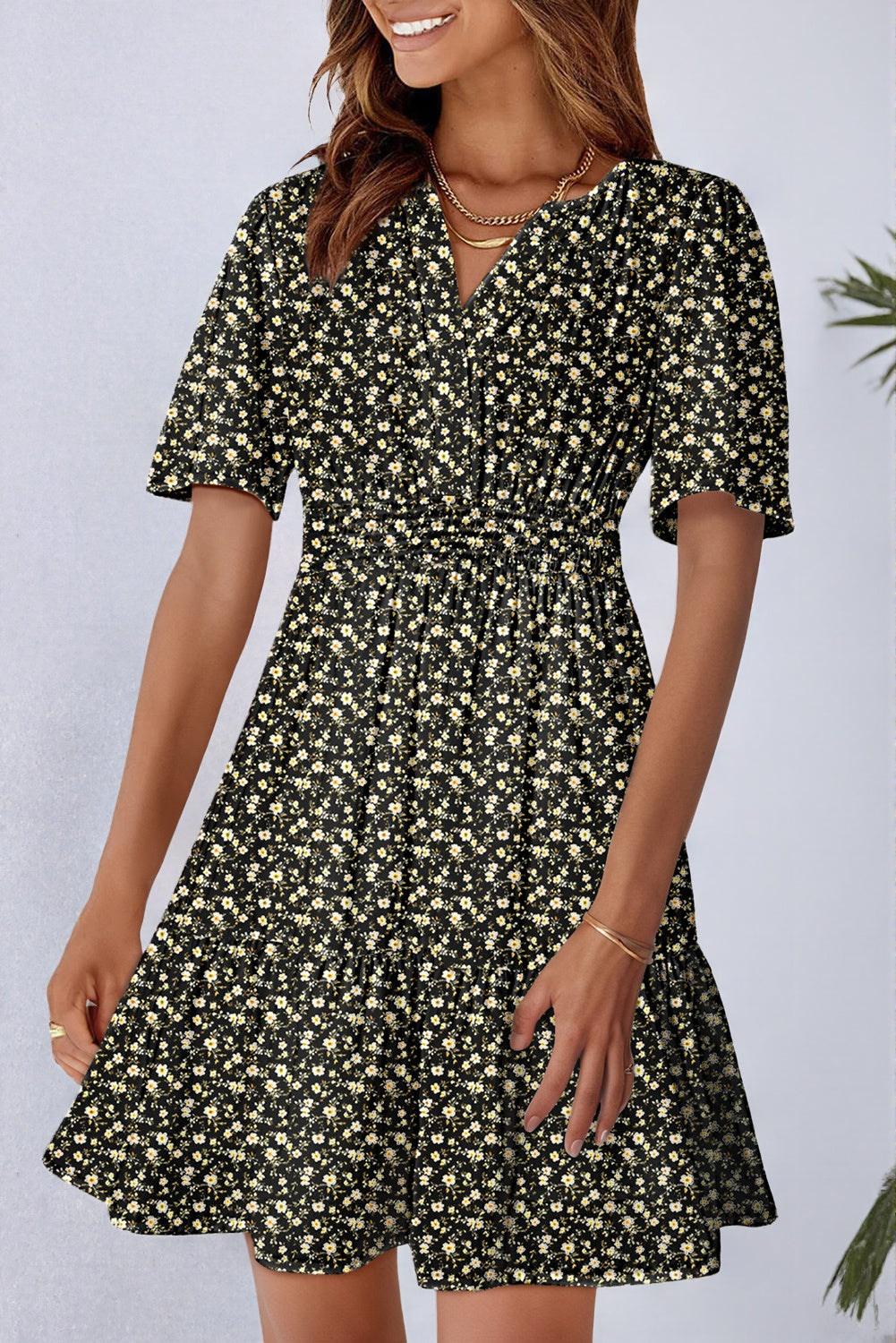 Green Floral Print Wrap V Neck Short Sleeve High Waistband Mini Dress