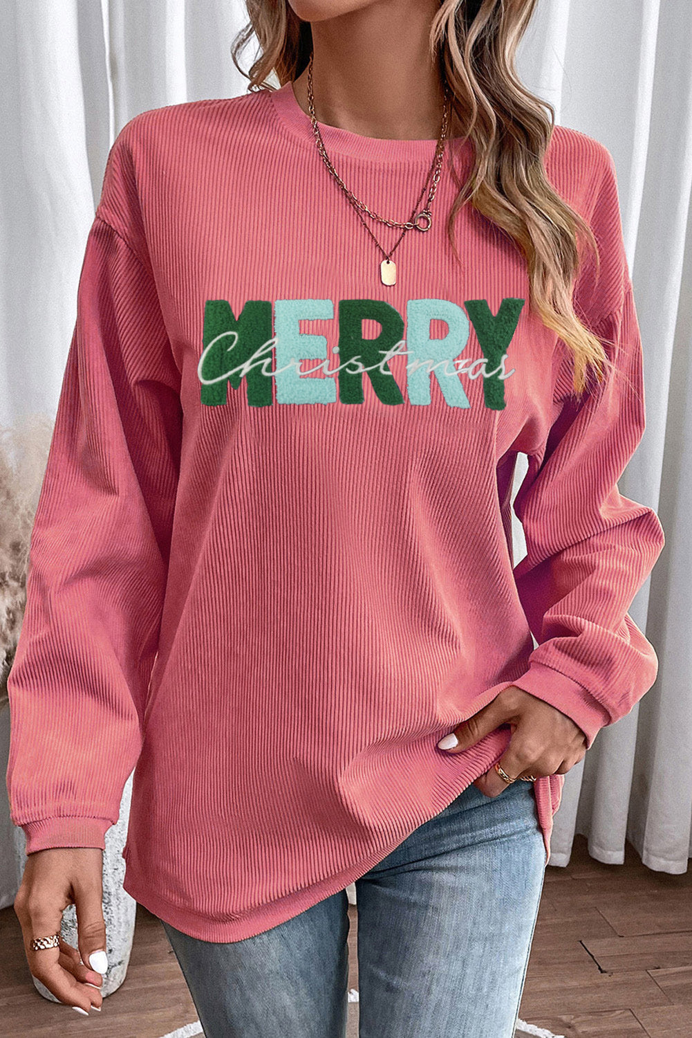 Strawberry Pink MERRY Christmas Terry Flocking Corded Graphic Sweatshirt