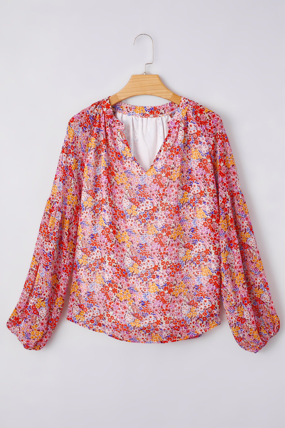 Golden Apricot Boho Floral Print V Neck Long Sleeve Blouse
