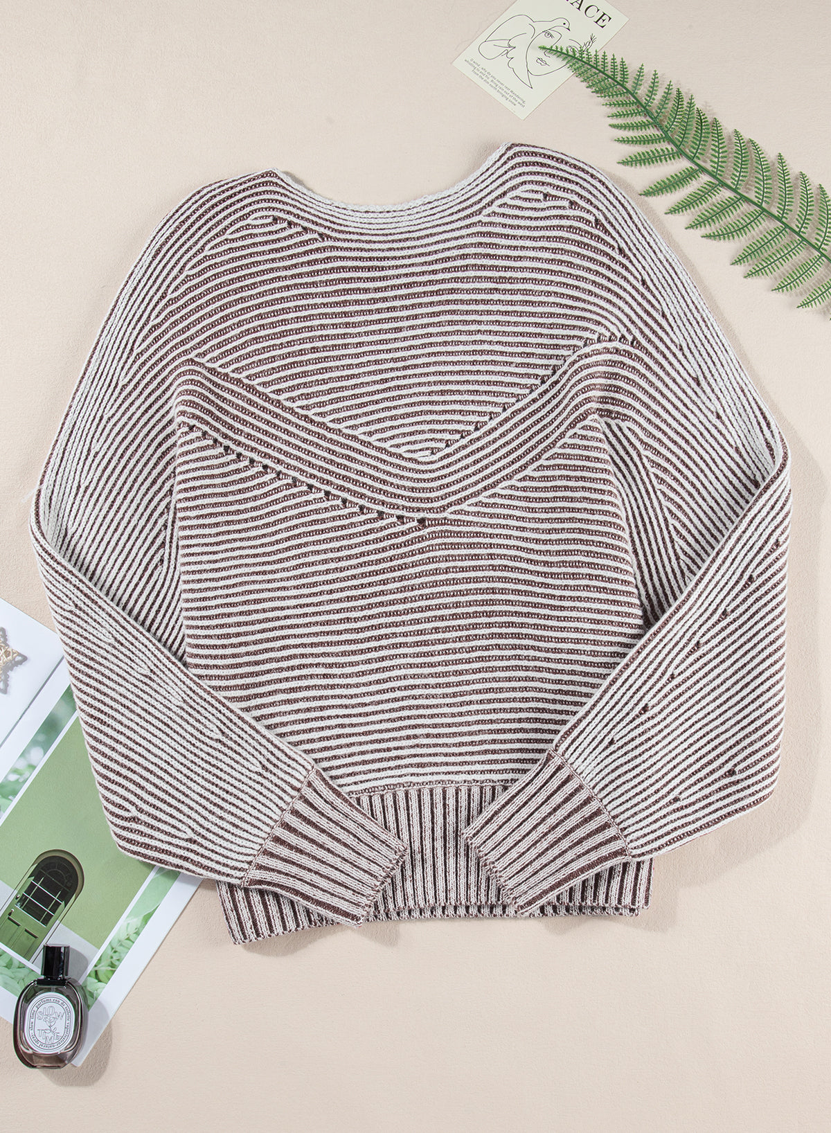 Light French Beige Striped Print Ribbed Knit Raglan Sleeve Baggy Sweater