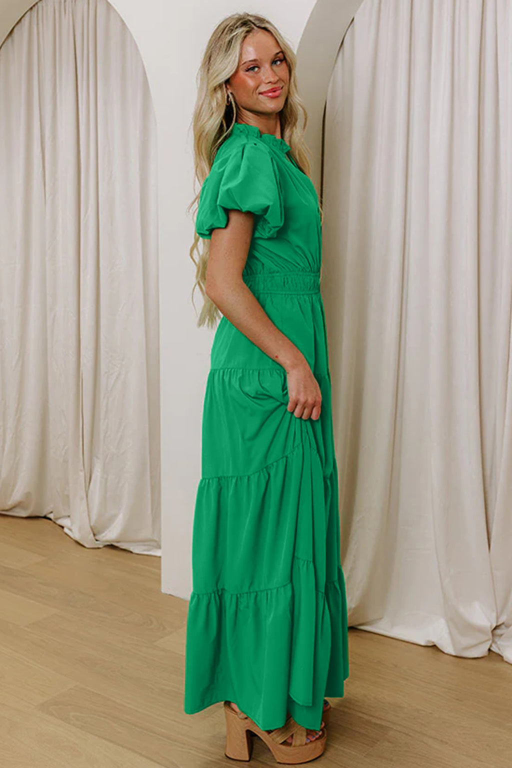 Bright Green Solid Color V Neck Short Puff Sleeve High Waist Tiered Maxi Dress