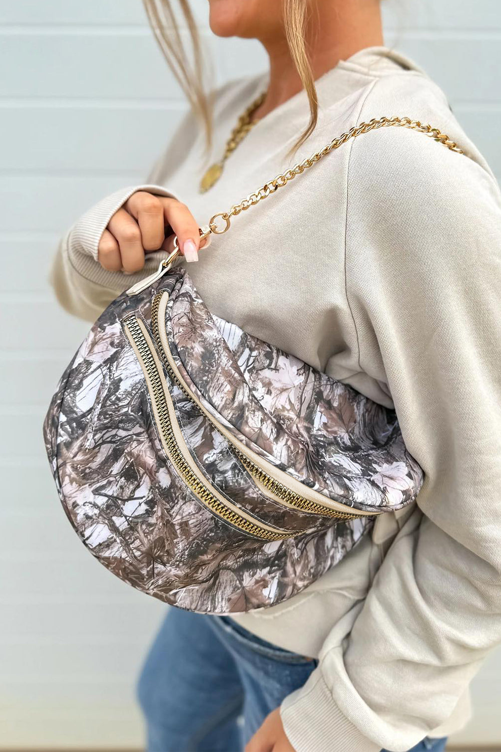 Camouflage Print Double Zipper Crossbody Bag