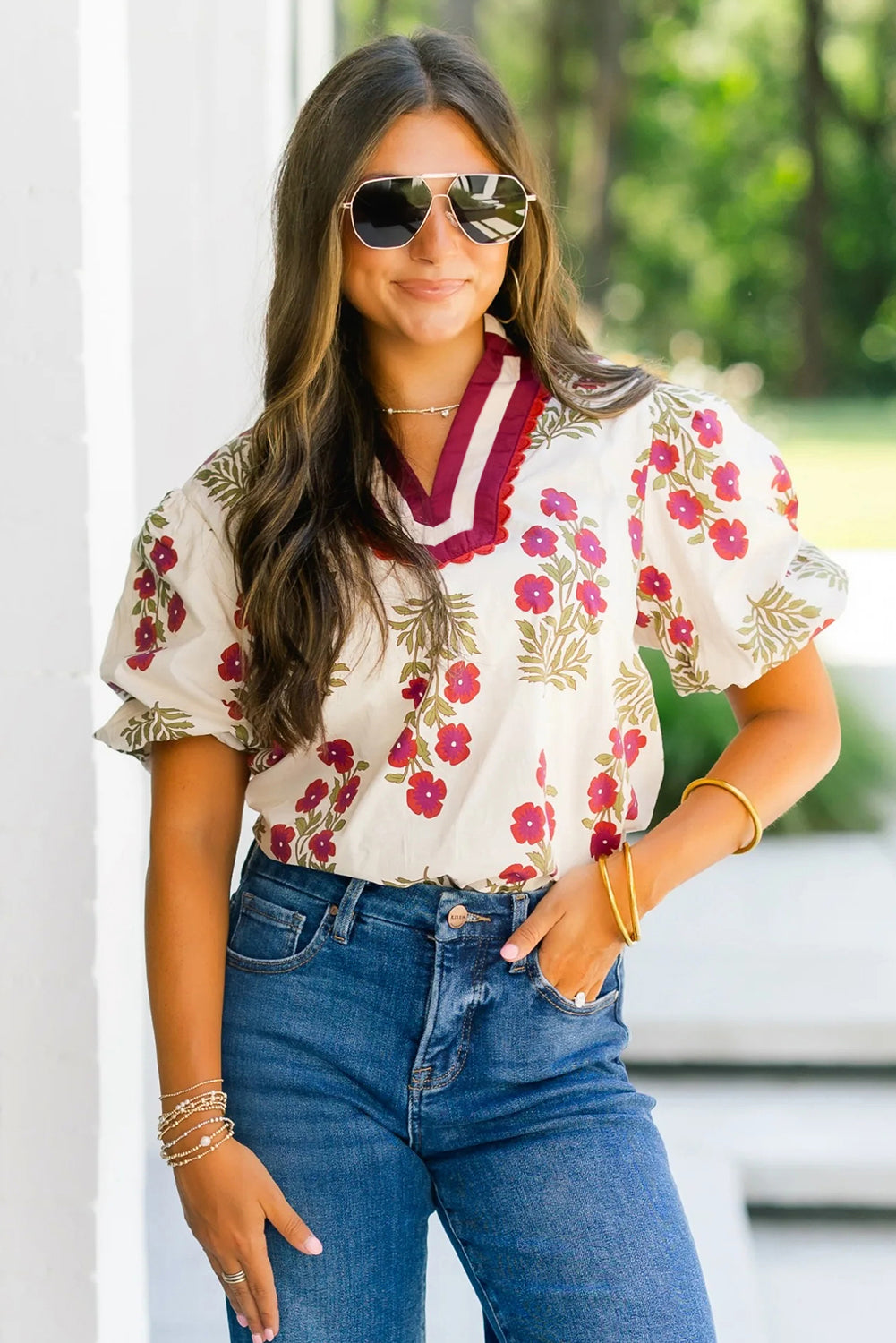 Black Floral Short Bubble Sleeve Contrast Slit Neckline Blouse