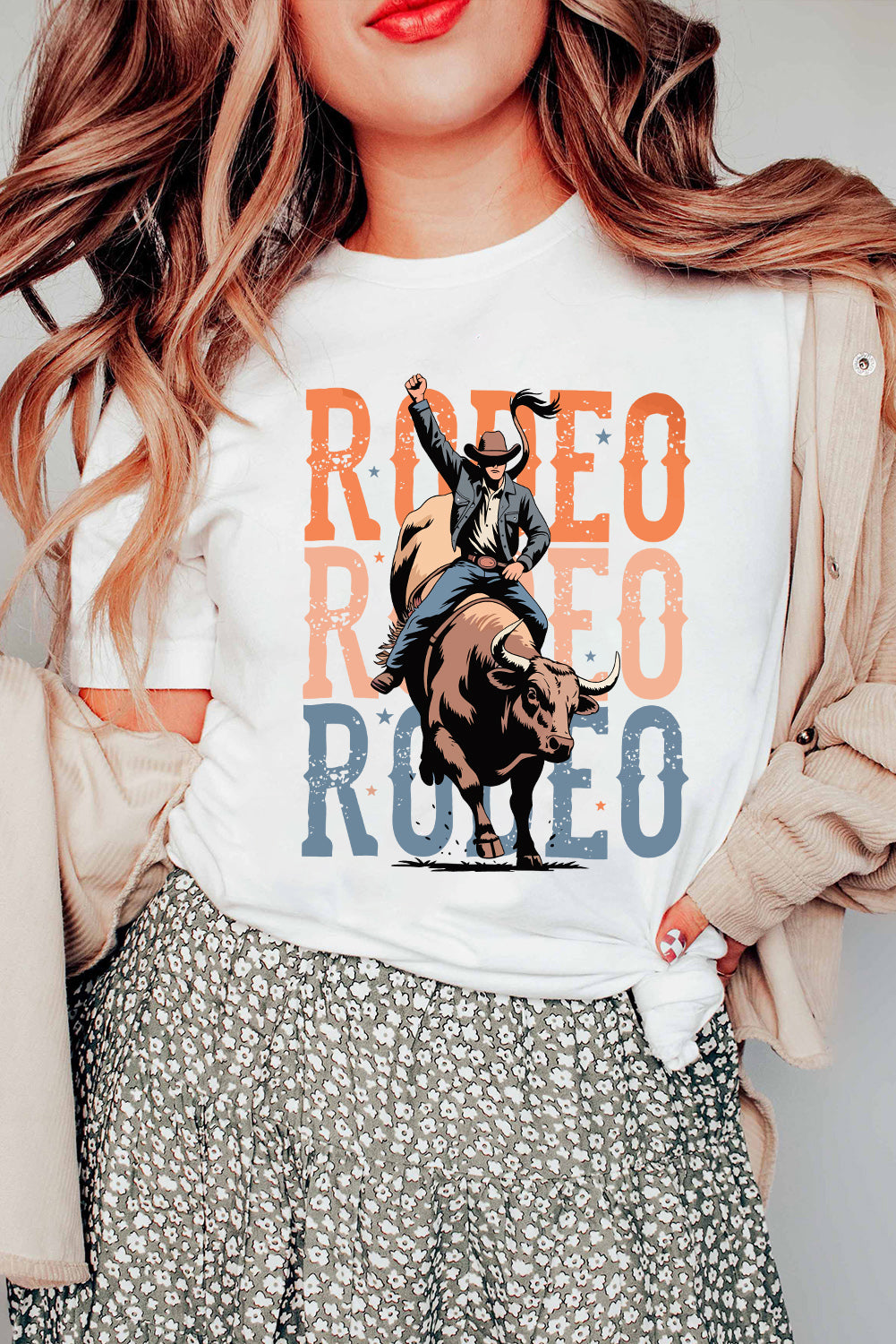 White RODEO Graphic Crewneck Fashion T Shirt
