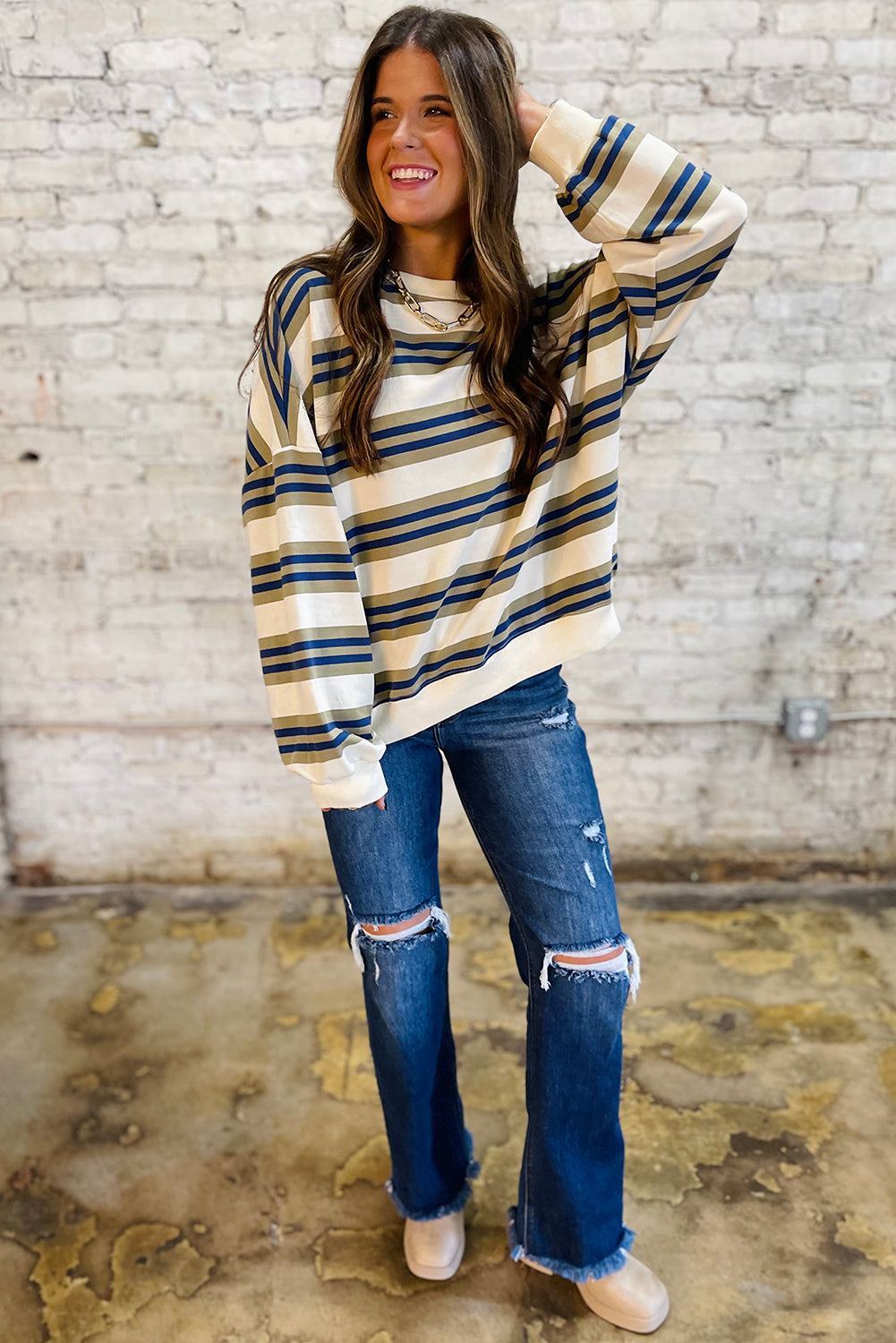 Khaki Striped Crew Neck Drop Shoulder Pullover Sweatshirt