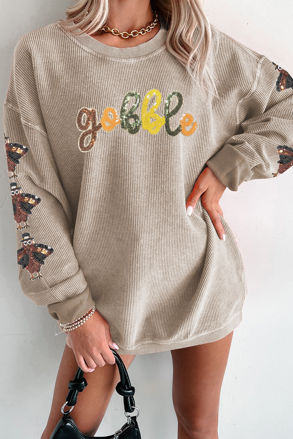 Smoke Gray gobble Turkey Sleeve Sequins Patch Corded Baggy Sweatshirt