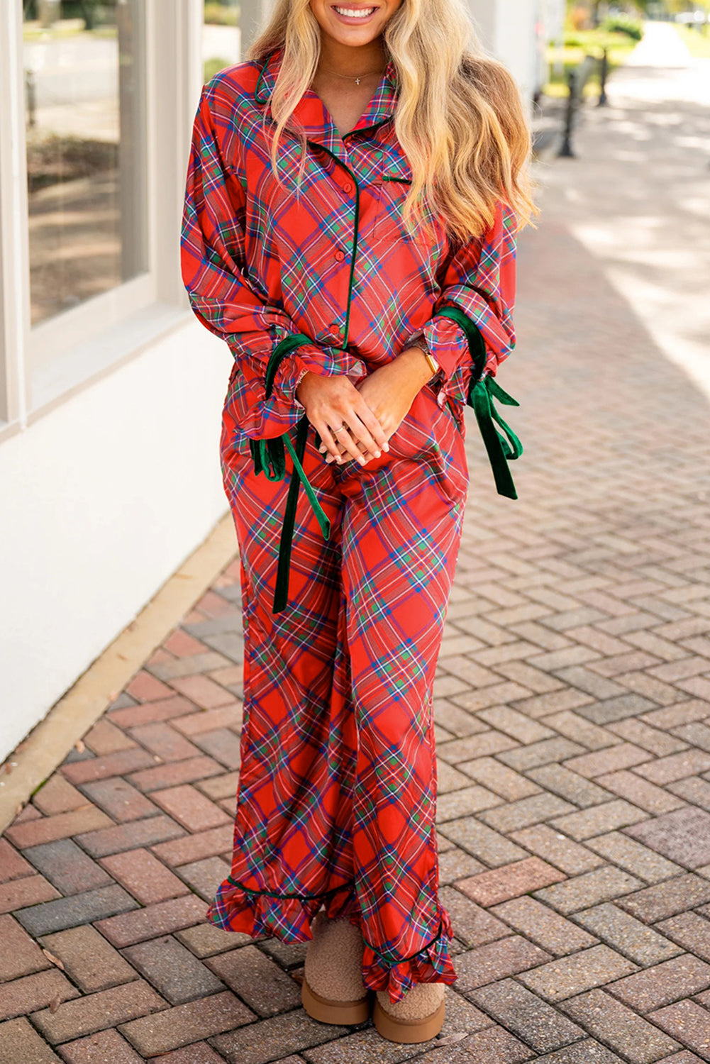 Fiery Red Christmas Plaid Satin Pajama Set