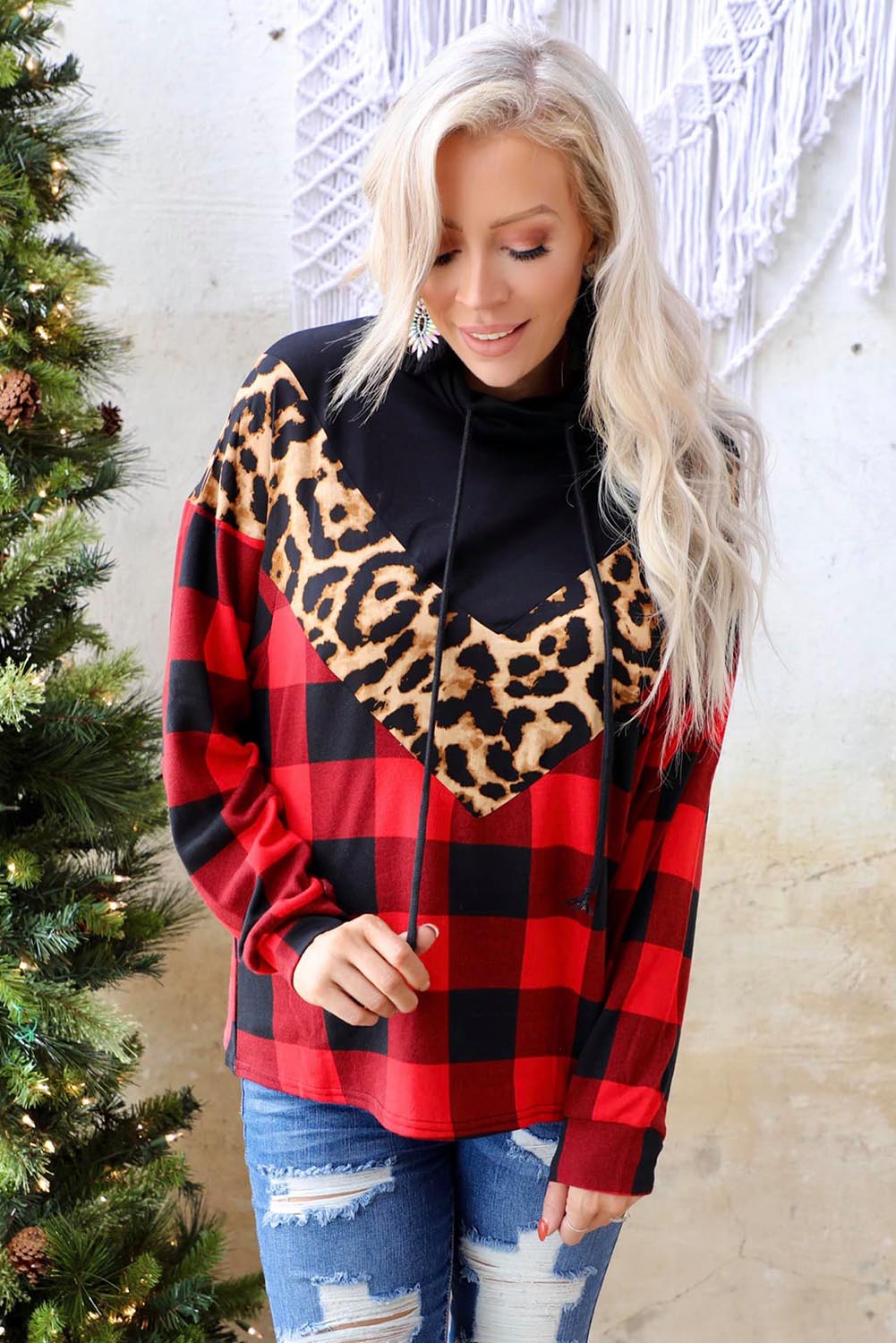 Red Casual Chevron Plaid Leopard Patchwork Sweatshirt
