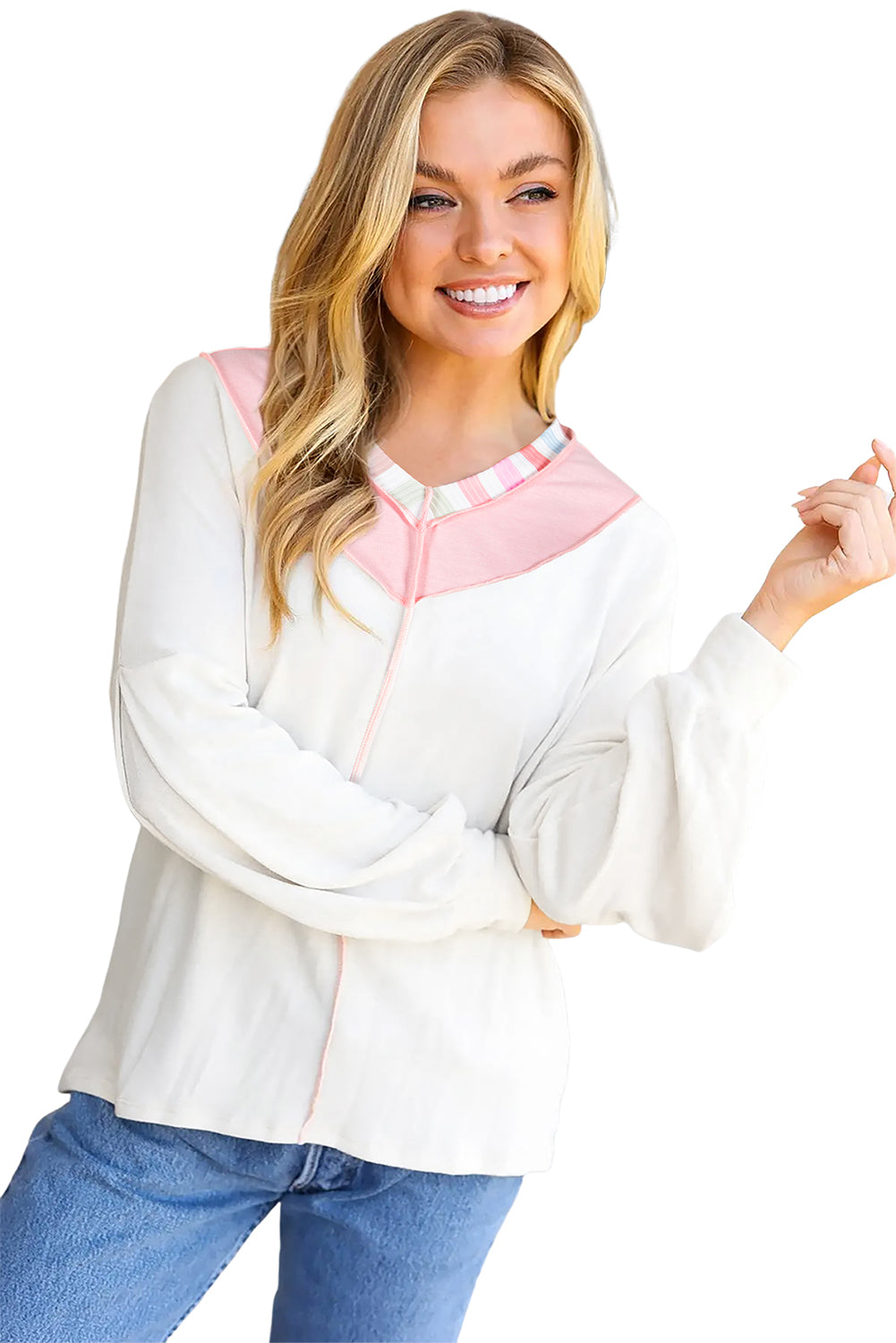 Top de rizo francés con cuello en V y bloques de color a rayas arcoíris blancas