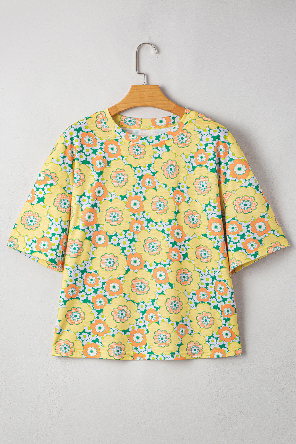 Yellow Summer Flower Print Drop Shoulder Loose T Shirt
