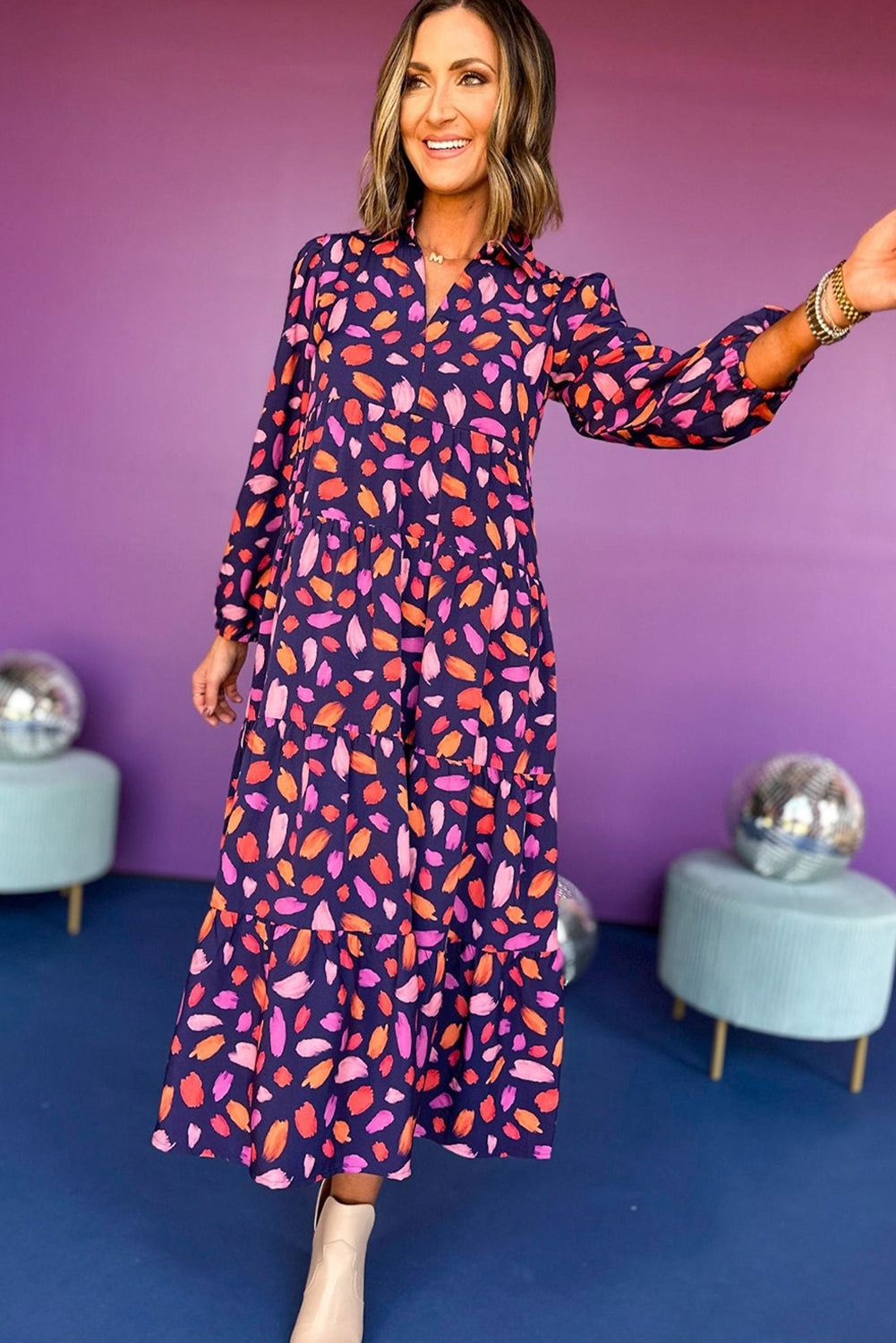 Purple Floral Print Collared Tiered Flowy Long Dress