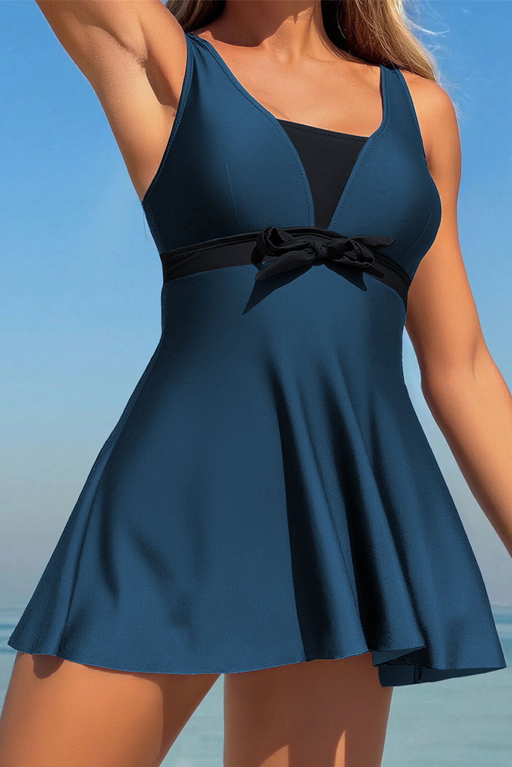 Blue Floral Print Patchwork Bow Knot Detail Sleeveless Swim Dress