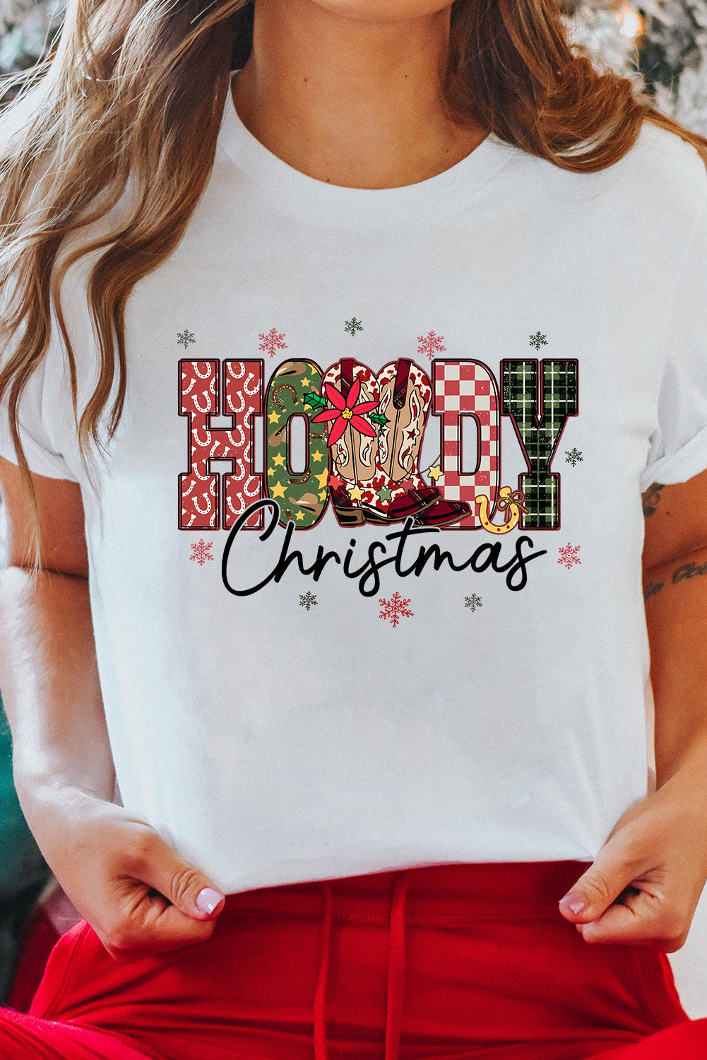 White Western HOWDY Christmas Festive Letter Printed Crew Neck T Shirt