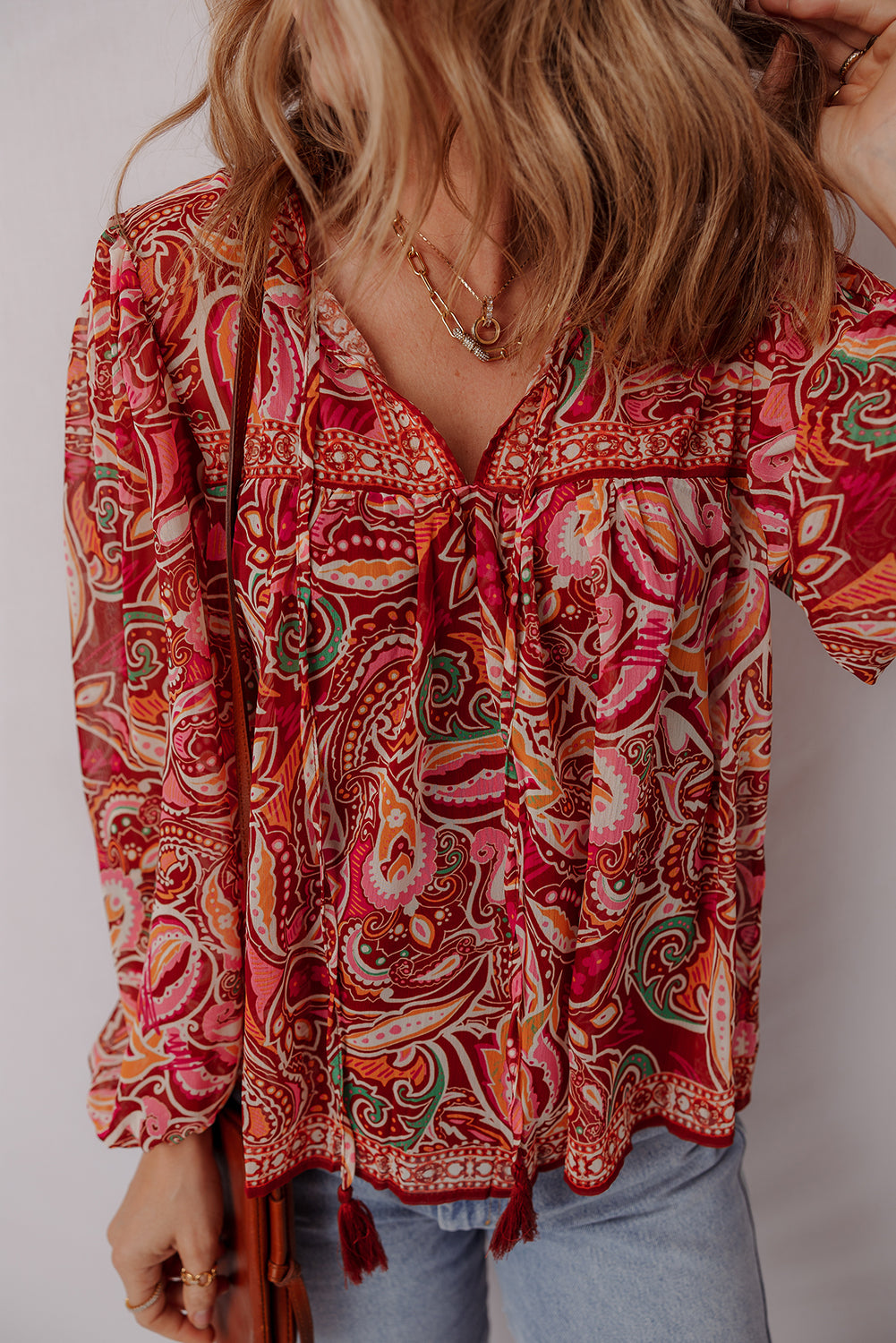 Multicolour Ethnic Paisley Print Tassel Tie Puff Sleeve Boho Blouse
