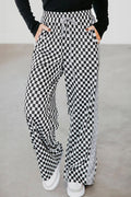 White Checkerboard Drawstring Waist Casual Pants