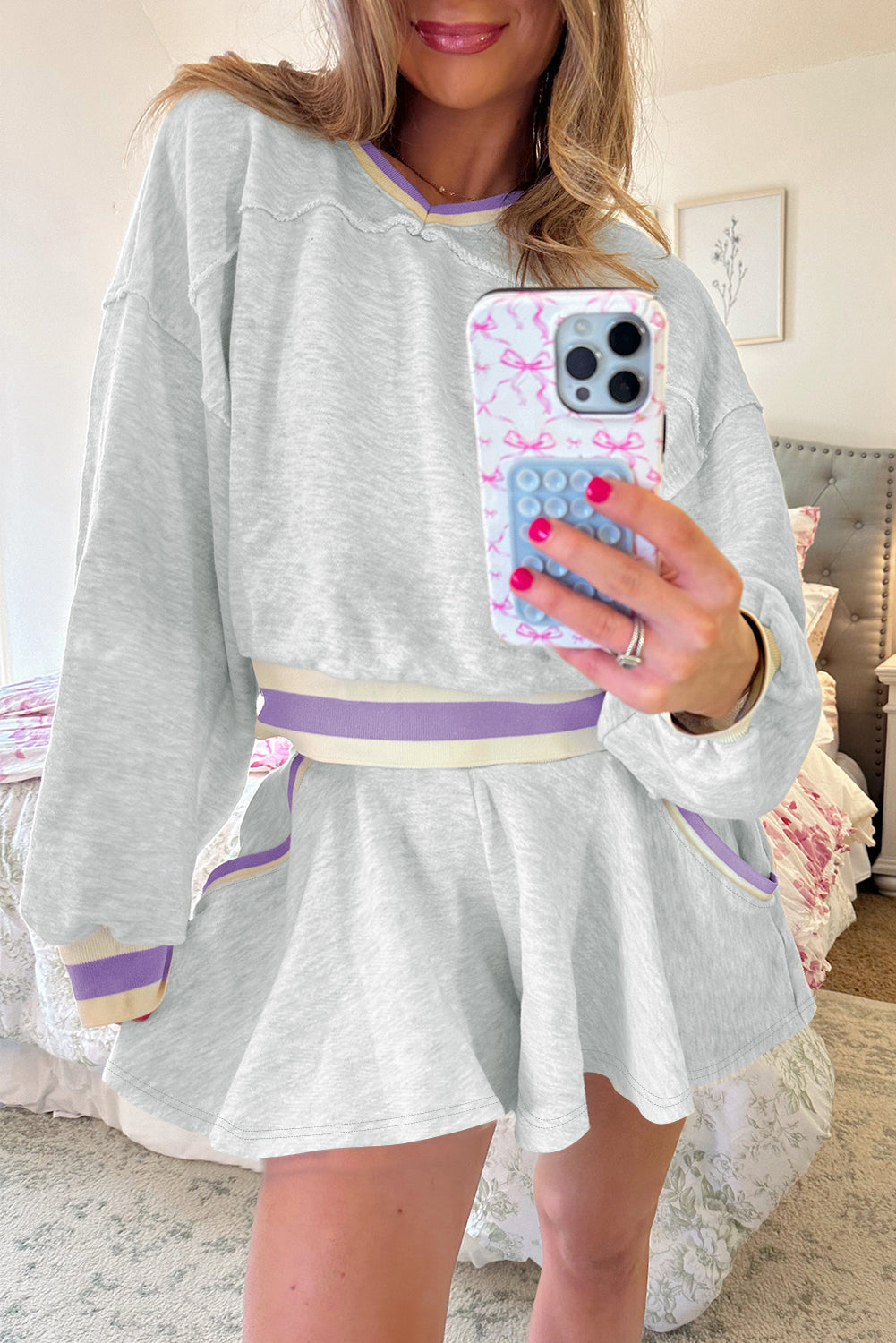 Light Grey Contrast Trim Striped Loose Sweatshirt and Skort Set