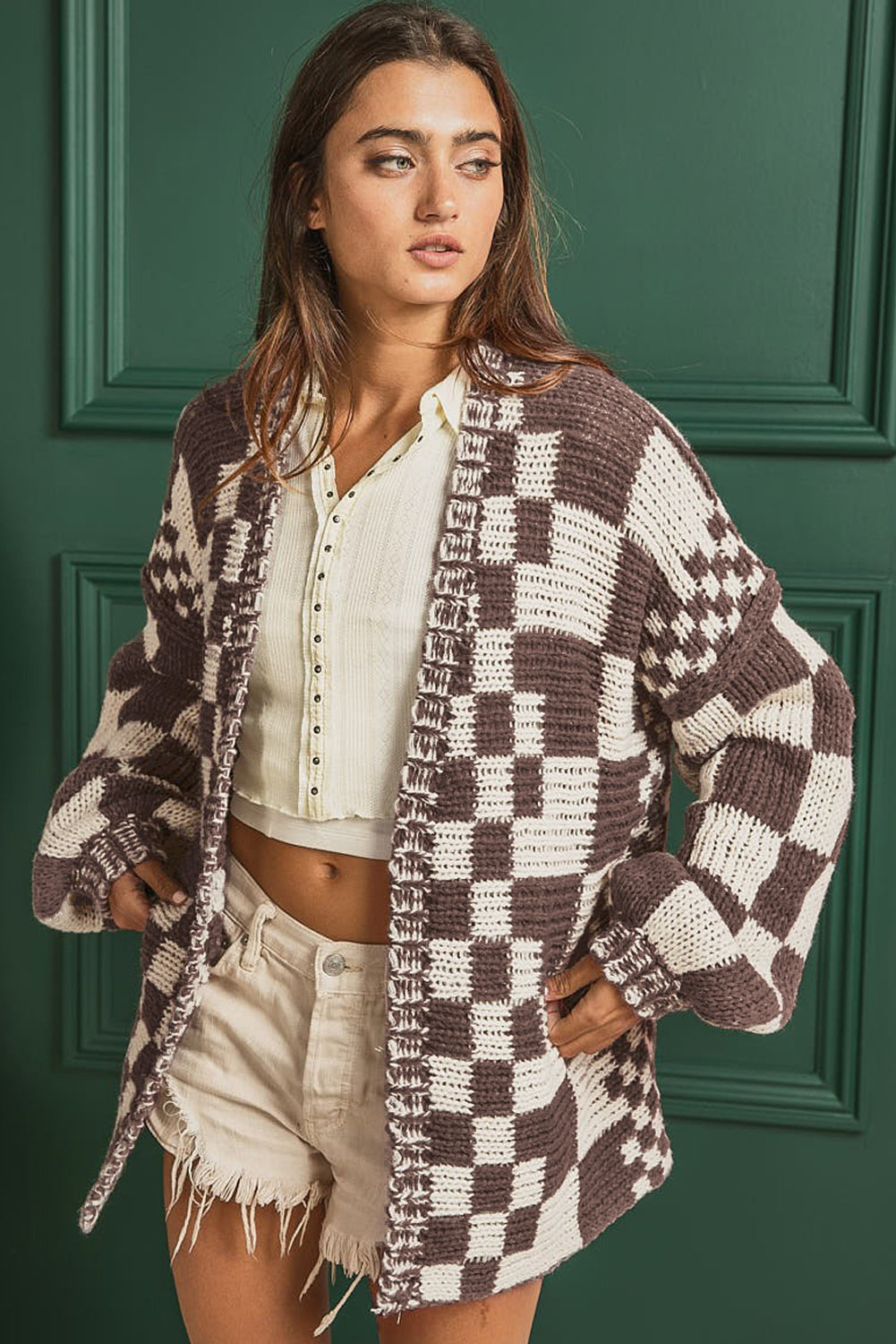 Multicolor Plaid Open Front Knitted Cardigan