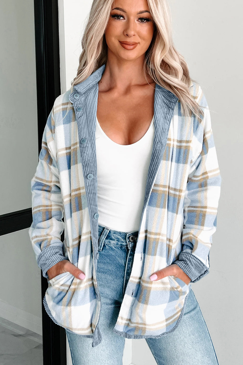 Stone Blue Plaid Corduroy Reversible Button Up Jacket