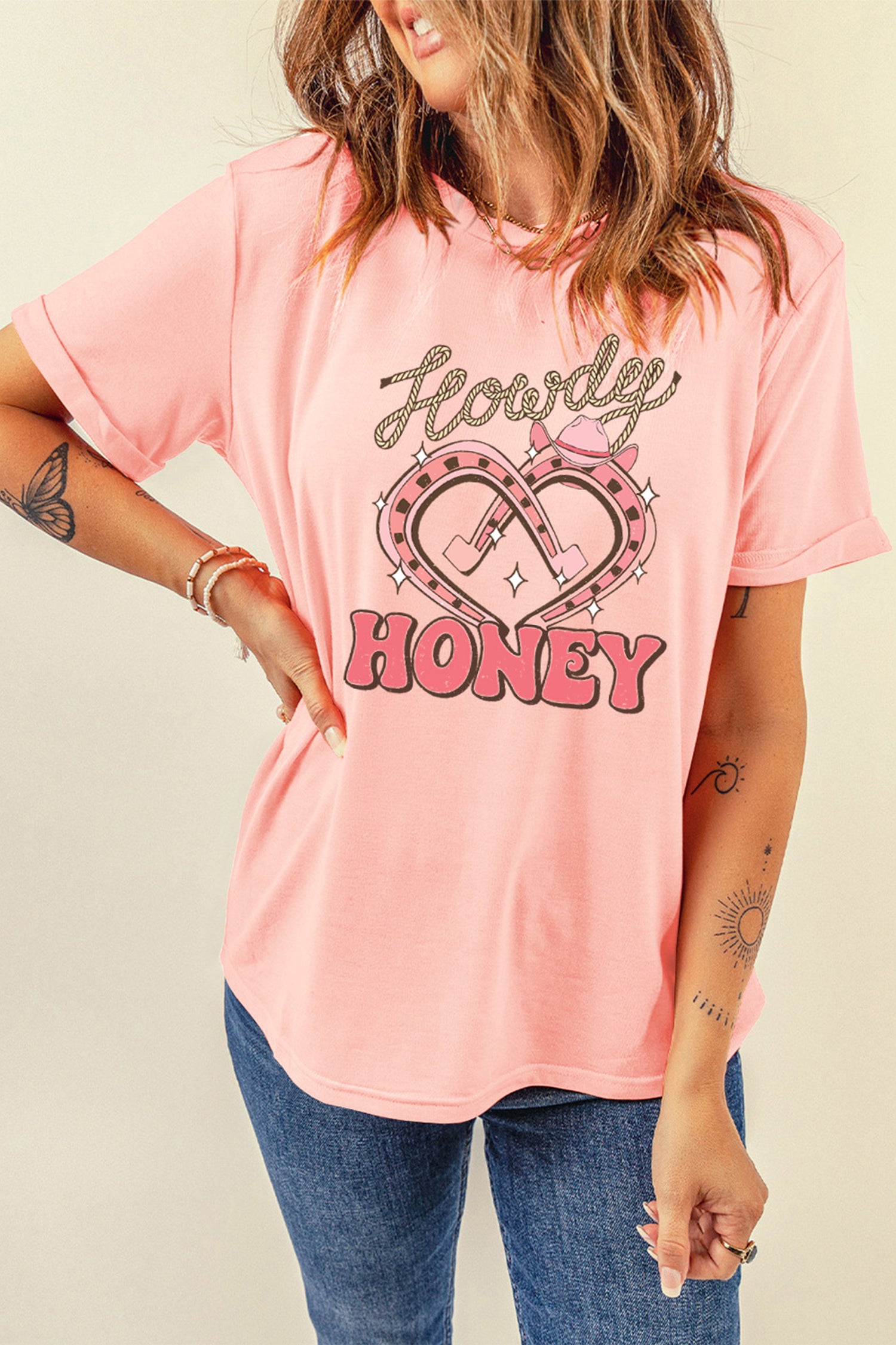 Pink Howdy HONEY Horseshoe Heart Printed T Shirt