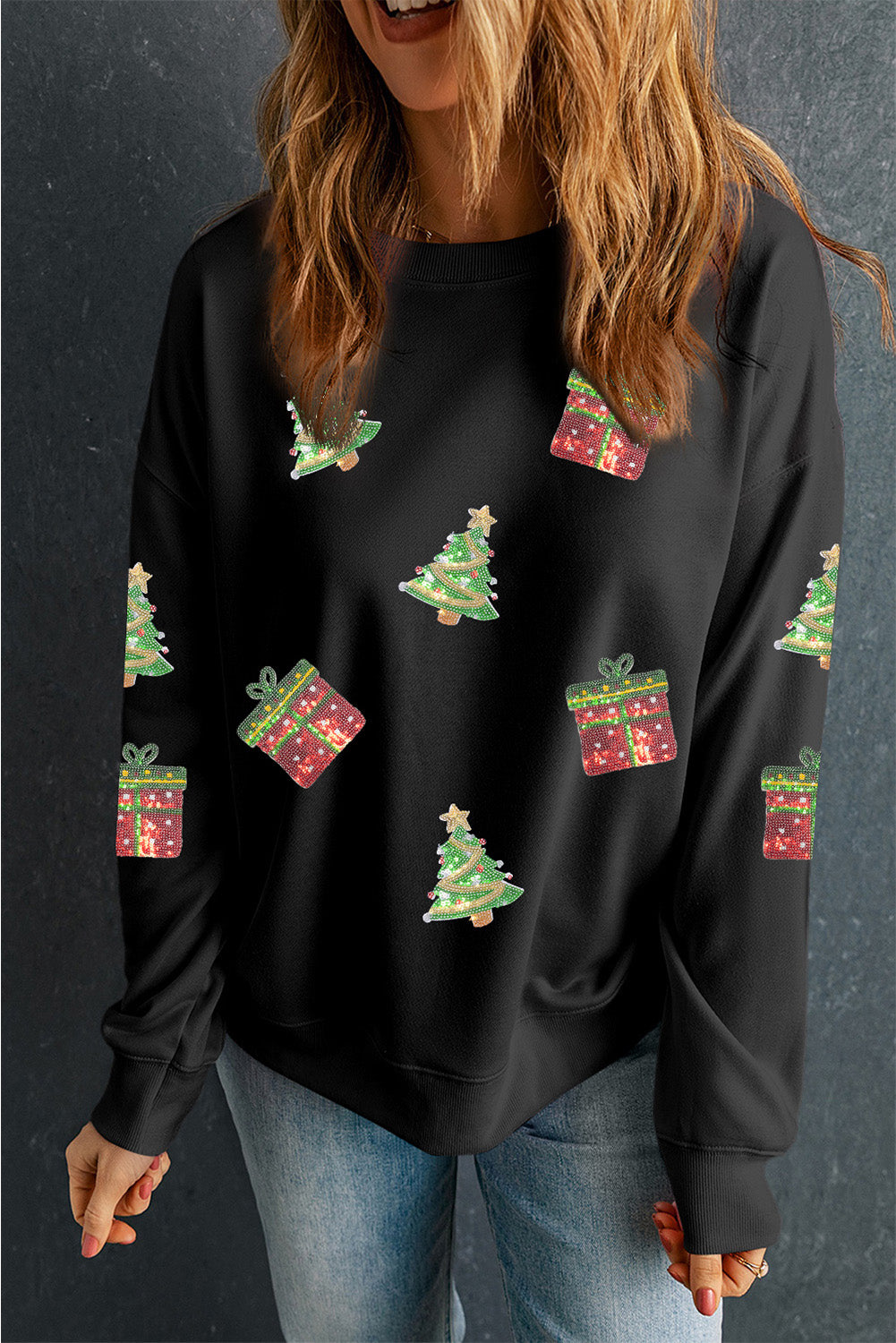 Black Sequin Christmas Trees Gifts Patched Drop Shoulder Sweatshirt