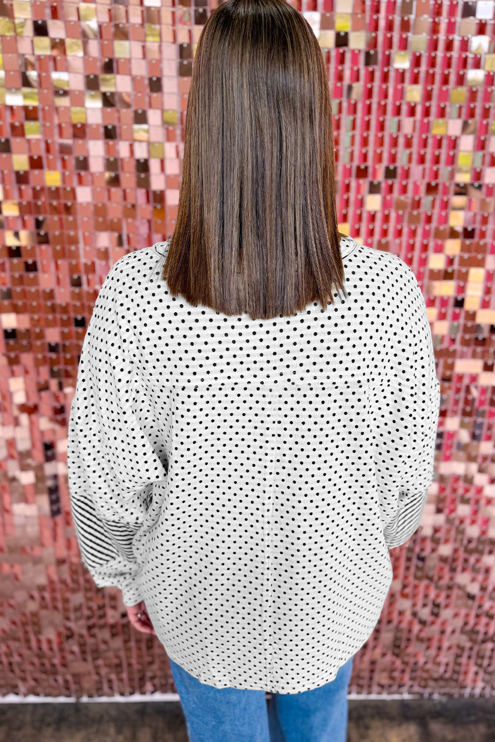 Top Henley de manga larga con patchwork, rayas y estampado de lunares en beige, talla grande