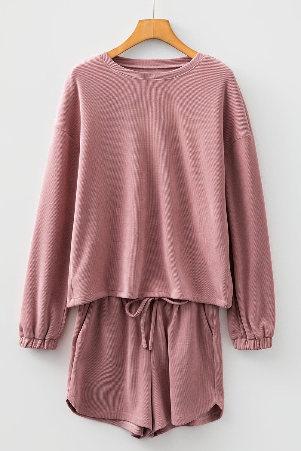 Fushia Textured Knit Drop Shoulder Pullover Drawstring Shorts Set