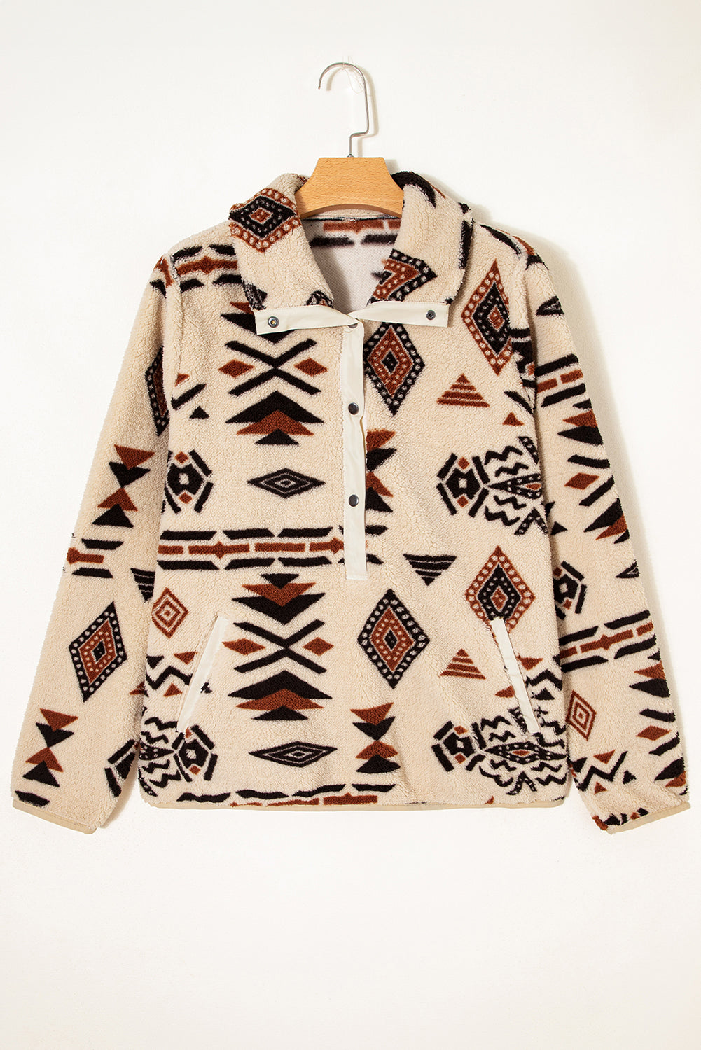 Sudadera beige vintage geométrica con media cremallera de felpa