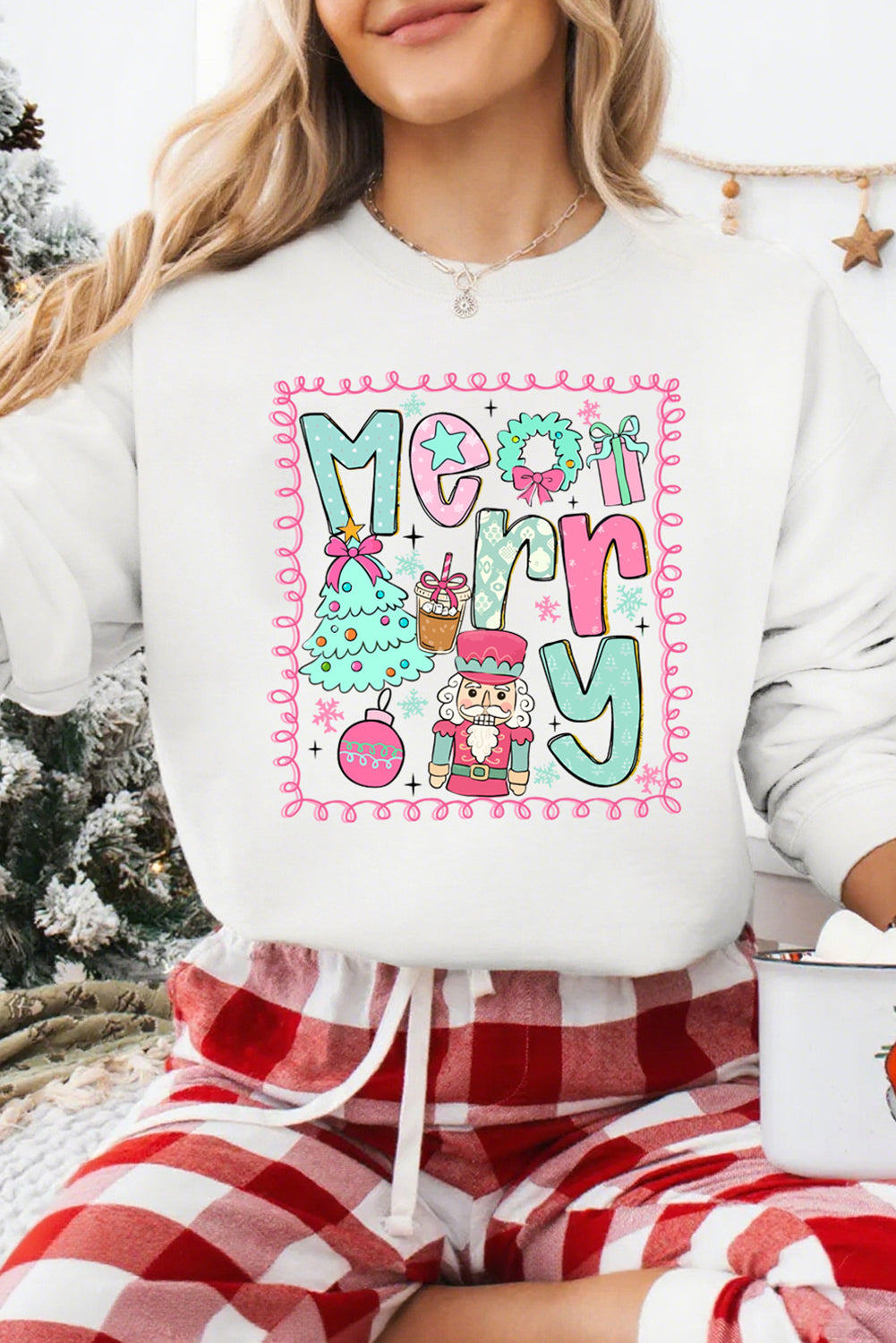 Sweat-shirt blanc en coton mélangé imprimé par transfert thermique avec motif graphique « Joyeux Noël »